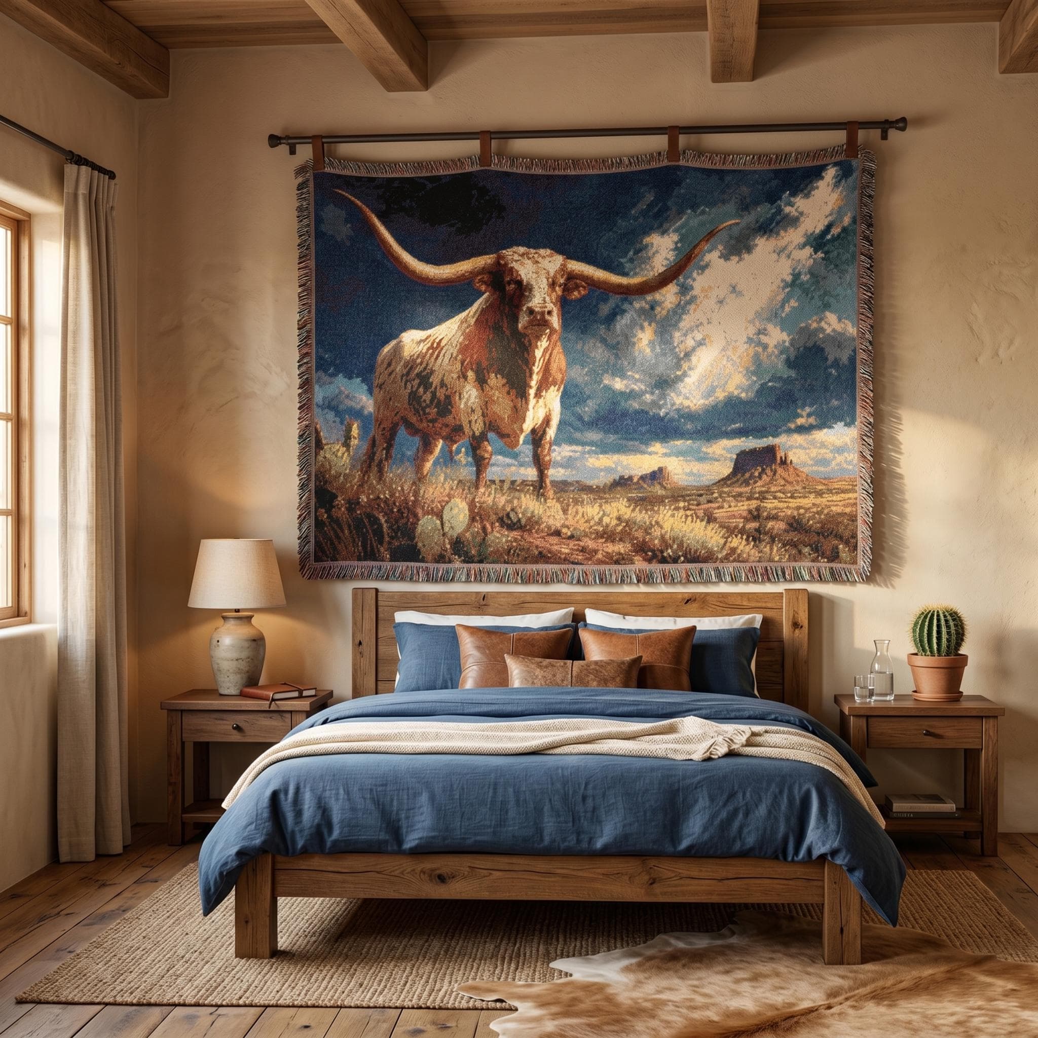 Woven tapestry wall hanging featuring a majestic Texas longhorn standing in a sunlit western desert with sweeping horns, dry grass, cactus, and distant mesas beneath a dramatic blue sky with glowing clouds. Rustic western wall art with ranch, farmhouse, and southwest decor appeal, ideal as a woven throw blanket, longhorn home accent, living room or entryway decor, and gift for cowboy, Texas, country, and desert landscape lovers. Bold western statement art for rustic spaces.