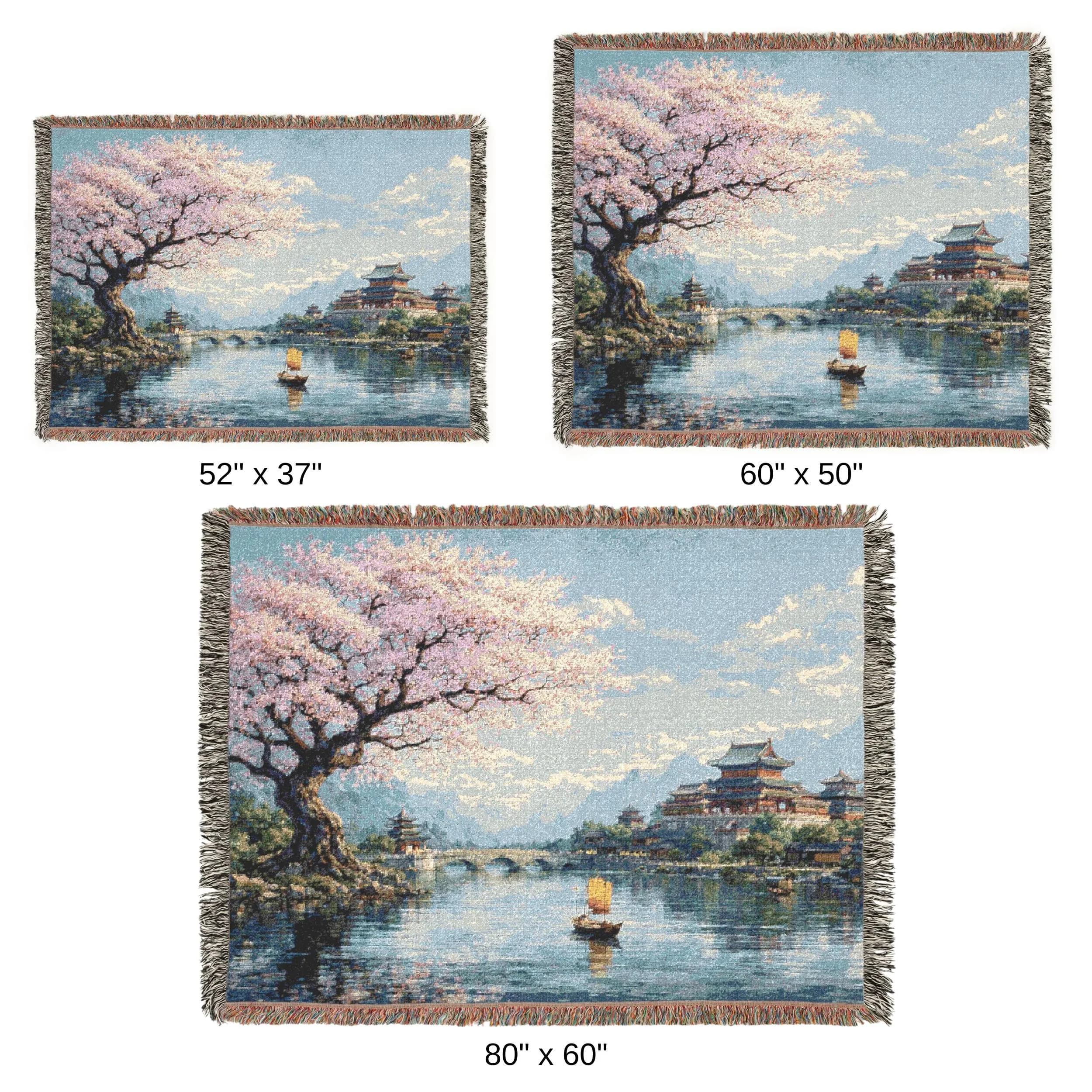 Cherry Blossom Tapestry Wall Hanging Asian Landscape Wall Art Traditional Lake Palace Decor Scenic Spring Woven Throw Blanket Home Decor - image 3