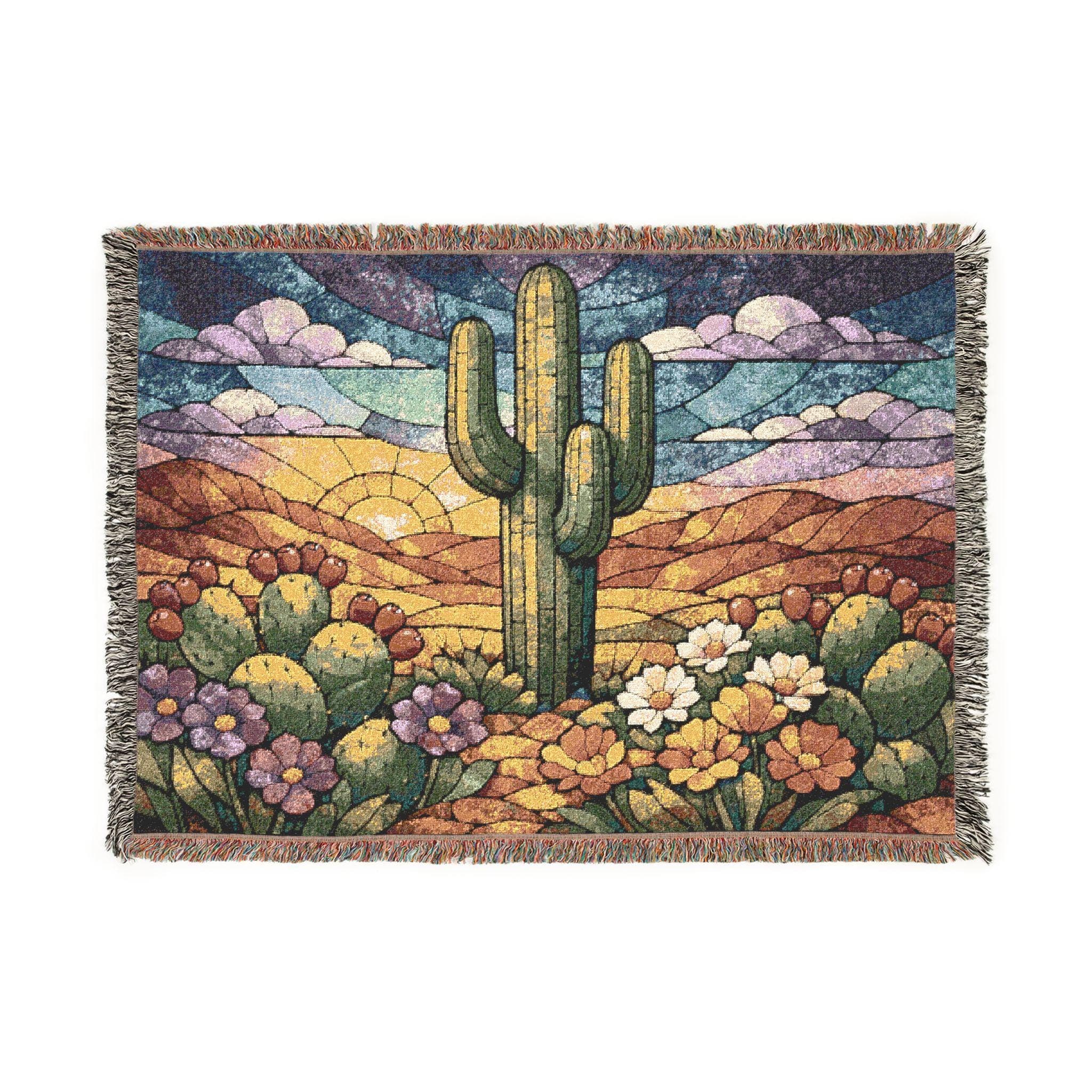 Woven tapestry wall hanging featuring a tall saguaro cactus in a colorful desert landscape with blooming wildflowers, prickly pear cactus, rolling hills, layered clouds, and a glowing sunset sky in a stained glass inspired style. Southwestern wall art with warm boho colors and vintage textile texture, ideal as a large wall tapestry, woven throw blanket, desert floral decor, western home accent, Arizona room decor, cactus lover gift, and statement piece for boho or farmhouse interiors.