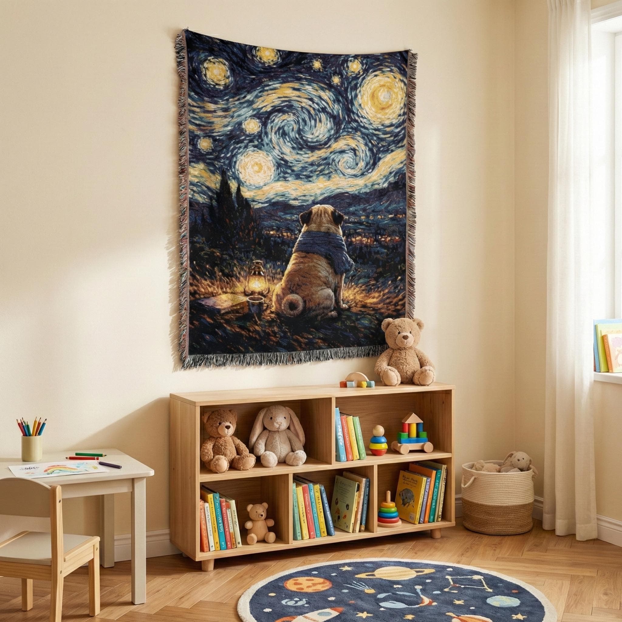 Starry Night Pug Tapestry Wall Hanging Woven Blanket Cute Dog Decor Cozy Kids Room Wall Decor Van Gogh Inspired Wall Art Throw Home Gift