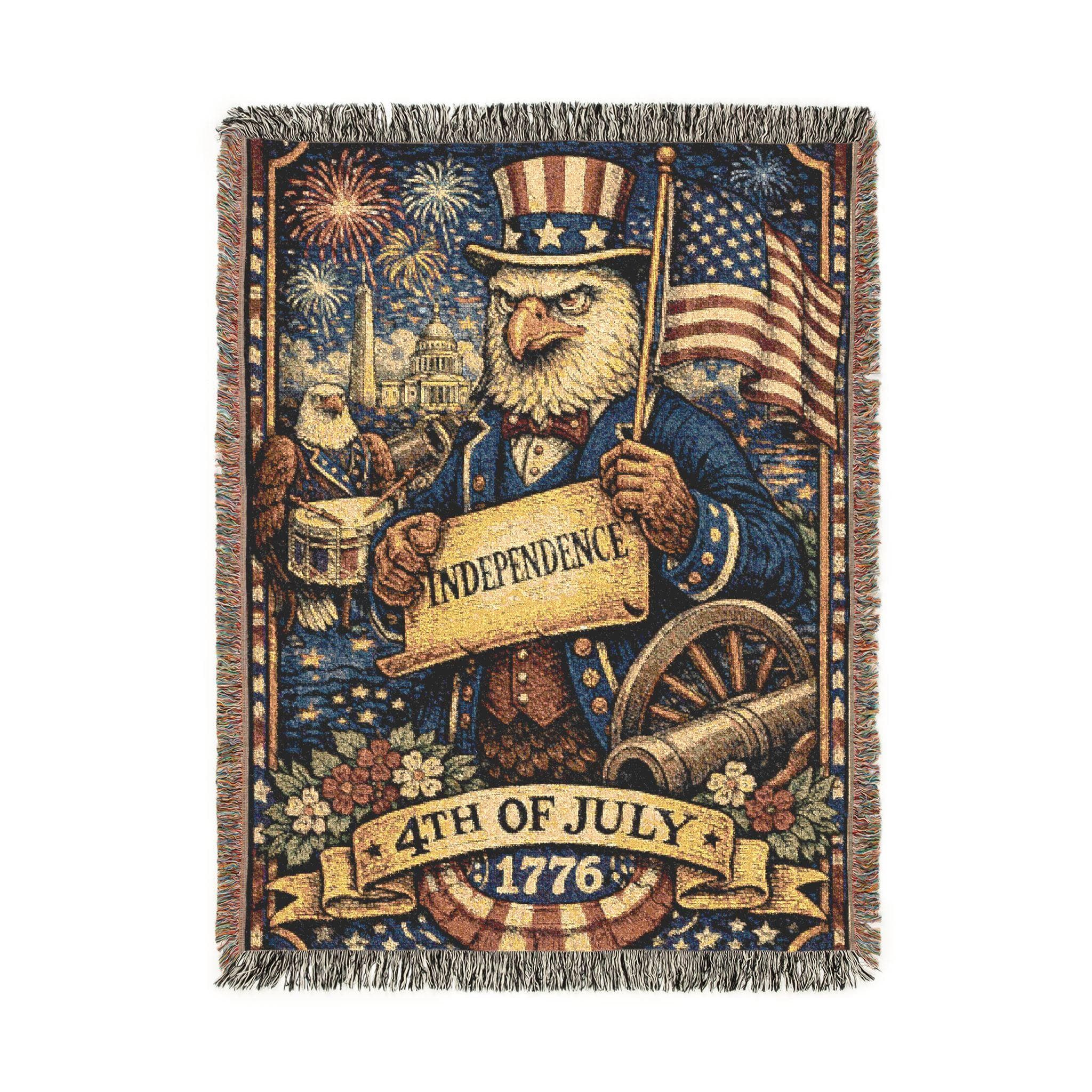 Woven tapestry wall hanging featuring a patriotic bald eagle in Uncle Sam inspired outfit holding an American flag and independence scroll, with fireworks, cannon, Capitol building, stars, flowers, 4th of July banner, and 1776 detail. Americana wall art with red, white, and blue color, ideal as a large wall tapestry, decorative throw blanket, Independence Day decor, patriotic room accent, veteran gift, military family decor, summer holiday display, porch accent, and USA home statement piece.