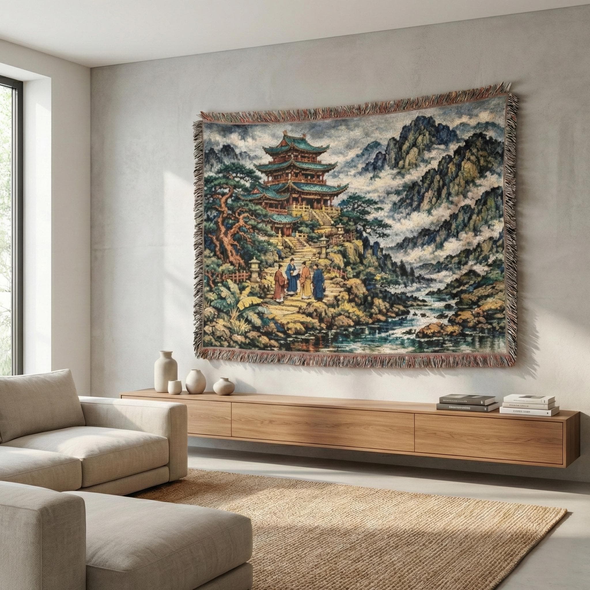 Traditional Chinese pagoda tapestry wall hanging with misty mountain peaks, layered clouds, and a winding river leading to a temple pavilion. Woven tapestry blanket with vintage woven texture and fringe edges, made for wall decor in a zen room, meditation corner, yoga studio, tea nook, or calm bedroom. Asian landscape wall art with serene nature scenery, ideal for Chinese inspired decor fans, travelers, hikers, and mountain lovers. Gift for tea lovers, mindfulness fans, and nature lovers.