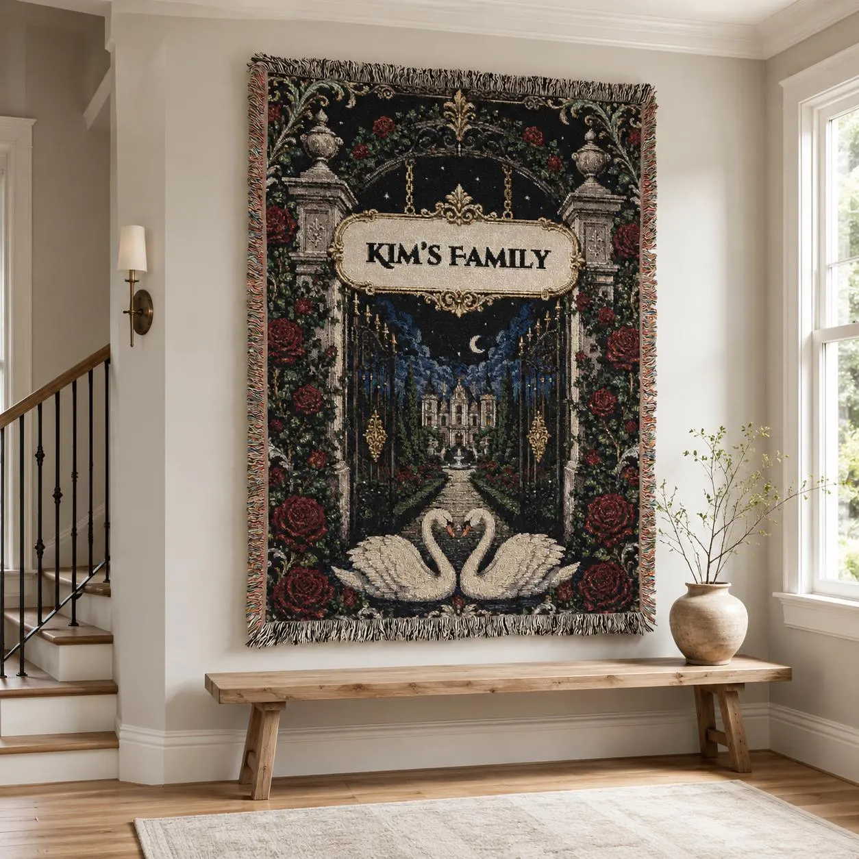 Personalized wedding tapestry artwork with a blank custom name plaque, moonlit manor gate, red roses, distant chateau, two white swans forming a heart, antique gold details, and romantic estate wall hanging style.