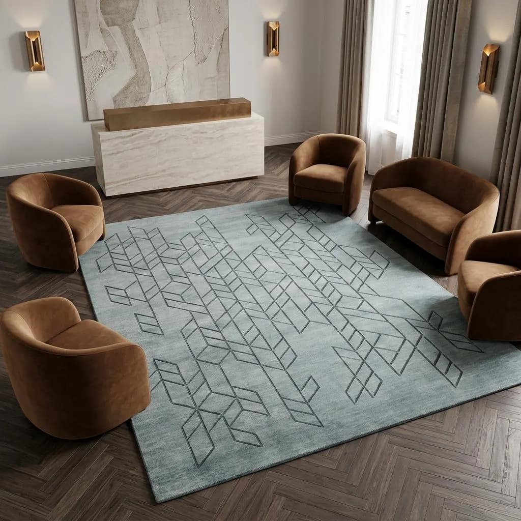 Blue Heathered Carved Geometric Rug for Refined Interiors, Handmade European Wool