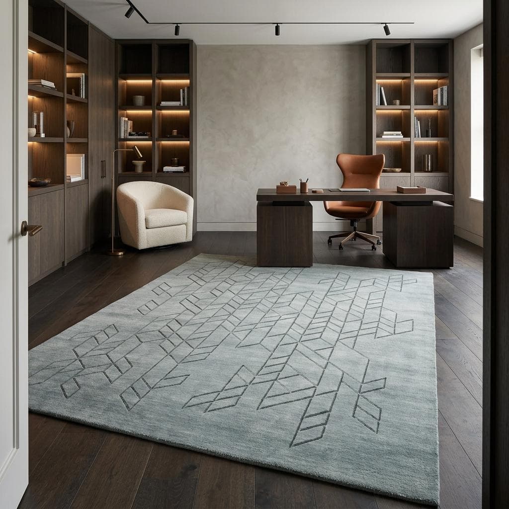 Blue Heathered Carved Geometric Rug for Refined Interiors, Handmade European Wool - image 3