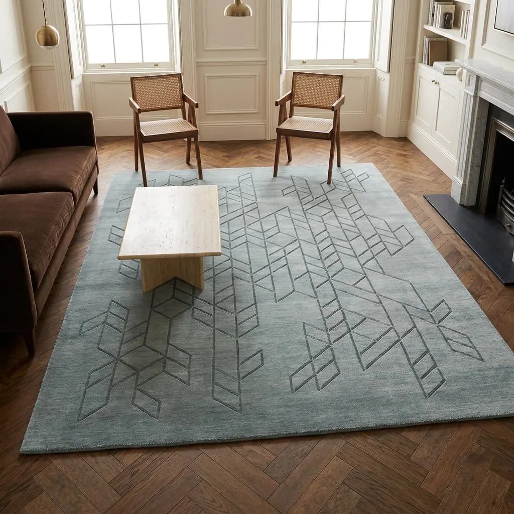 Blue Heathered Carved Geometric Rug for Refined Interiors, Handmade European Wool - image 5