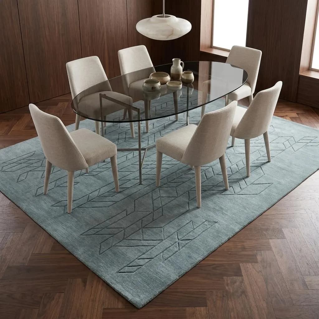 Blue Heathered Carved Geometric Rug for Refined Interiors, Handmade European Wool - image 4