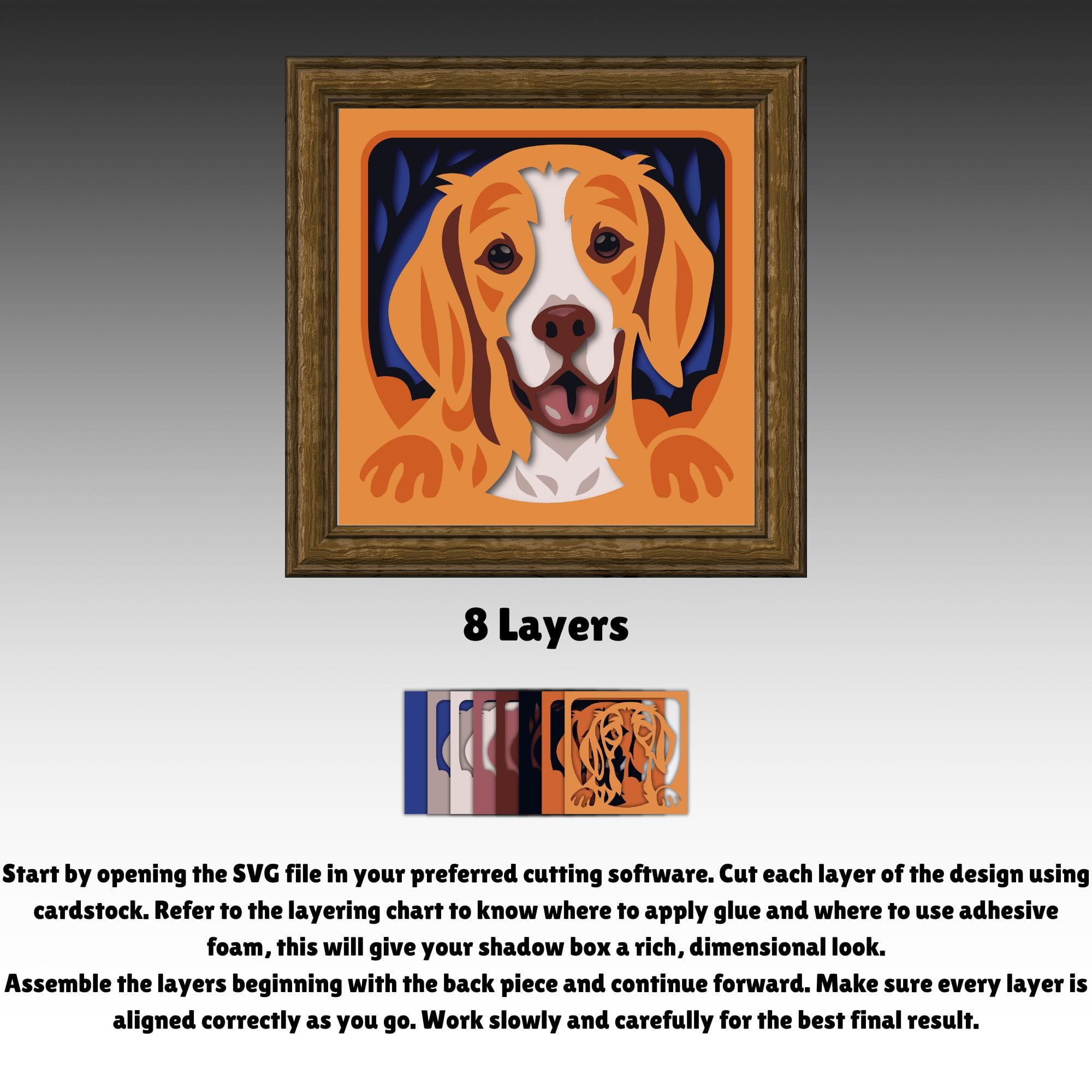 Beagle Dog Shadow Box 3D SVG, Layered Papercut Design, Cute Puppy Portrait Lightbox Paper Craft for Cricut, DIY Pet Decor
Beagle Dog Shadow Box 3D SVG layered papercut design featuring a cute beagle dog portrait with expressive eyes and soft layered details. This multilayer shadow box creates a warm 3D depth effect, perfect for dog lovers, pet themed decor, DIY paper craft projects, and lightbox displays made with Cricut or Silhouette cutting machines.