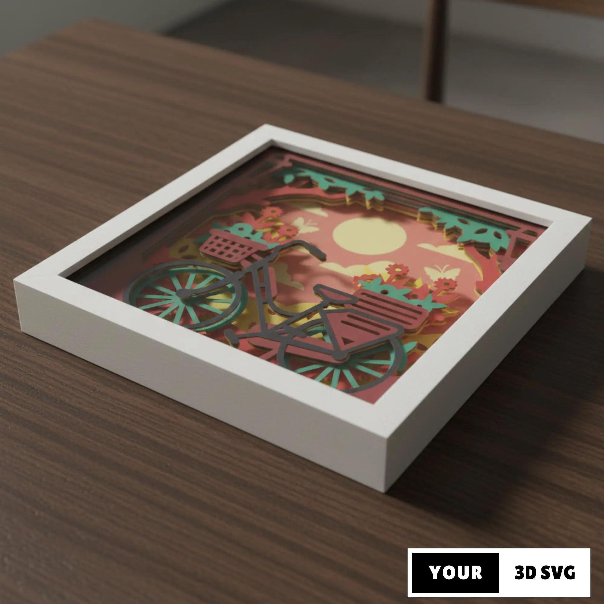 Floral Spring Bicycle Shadow Box SVG 3D, Layered Paper Cut Spring Garden Ride Design for Cricut, Nature Lightbox Design for Home Decor Craft
Floral spring bicycle shadow box SVG featuring a layered 3D paper cut design with a bicycle, flower baskets, butterflies, sun, and garden scenery. Designed for Cricut and cutting machines, ideal for lightbox decor, spring wall art, cycling lovers, and DIY layered paper craft projects.