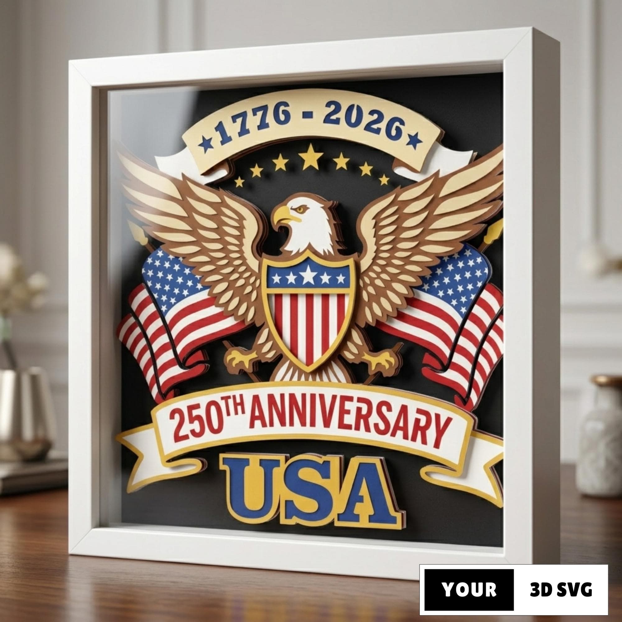 3D USA 250th Anniversary Shadow Box SVG, American Eagle Layered Papercut, Semiquincentennial Lightbox Template, Cricut Silhouette Patriotic
A patriotic 3D layered papercut design celebrating the USA 250th Anniversary (1776-2026). Features a majestic bald eagle with outspread wings, American flags, stars, and a shield. The design is presented in classic red, white, and blue tones, perfect for a commemorative light box.