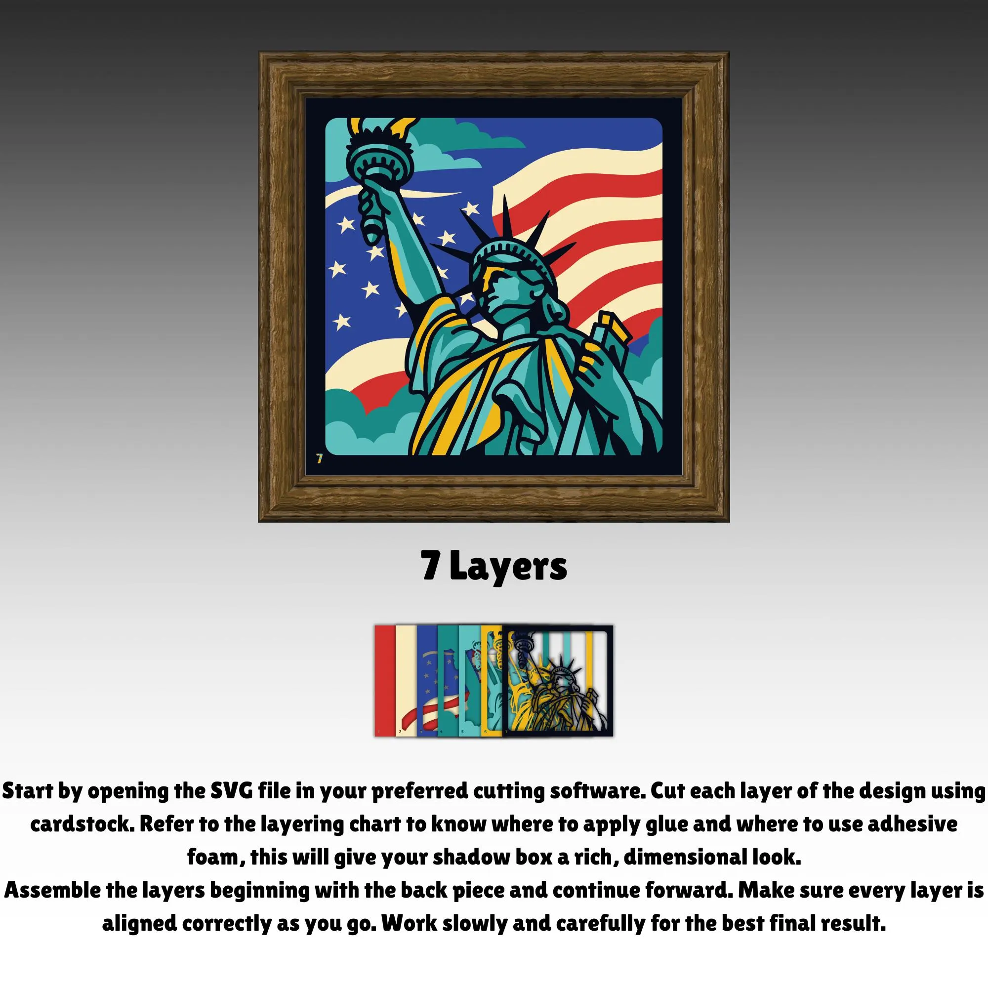 Statue of Liberty Shadow Box SVG Patriotic USA Layered Paper Cut Lightbox American Flag 3D SVG New York Wall Decor Gift Design
Statue of Liberty shadow box SVG featuring a bold patriotic design with the iconic Liberty statue and American flag background. This layered paper cut file creates a stunning 3D effect, perfect for lightbox projects, Independence Day decorations, patriotic wall art, and USA themed gifts. Ideal for Cricut and Silhouette users.