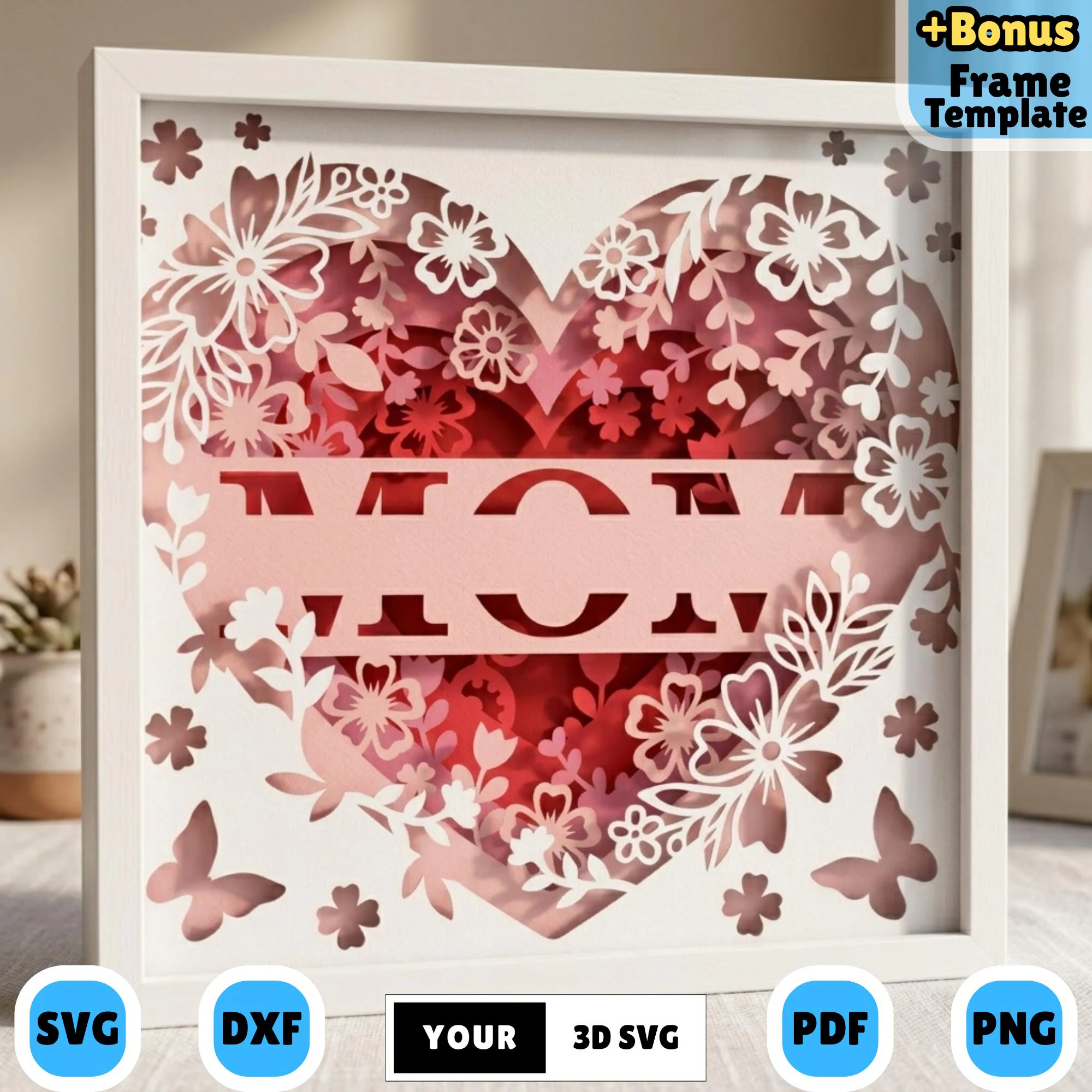 3D Customizable Mom Shadow Box SVG, Heart Floral Layered Papercut, Custom Name Mother's Day Lightbox Template, Cricut Silhouette Floral Gift