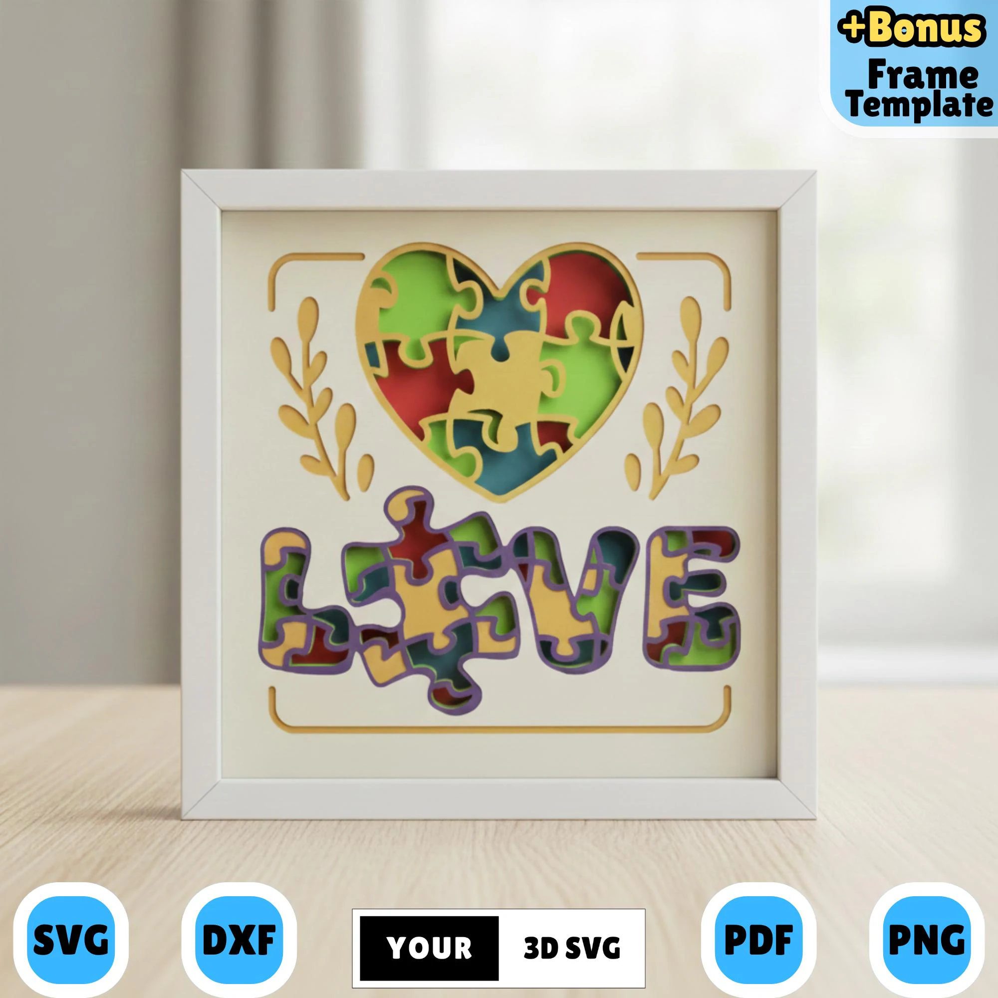 Autism Love Shadow Box SVG 3D, Layered Paper Cut Puzzle Heart Design for Cricut, autistic Lightbox Awareness Decor, DIY Autism Day Gift