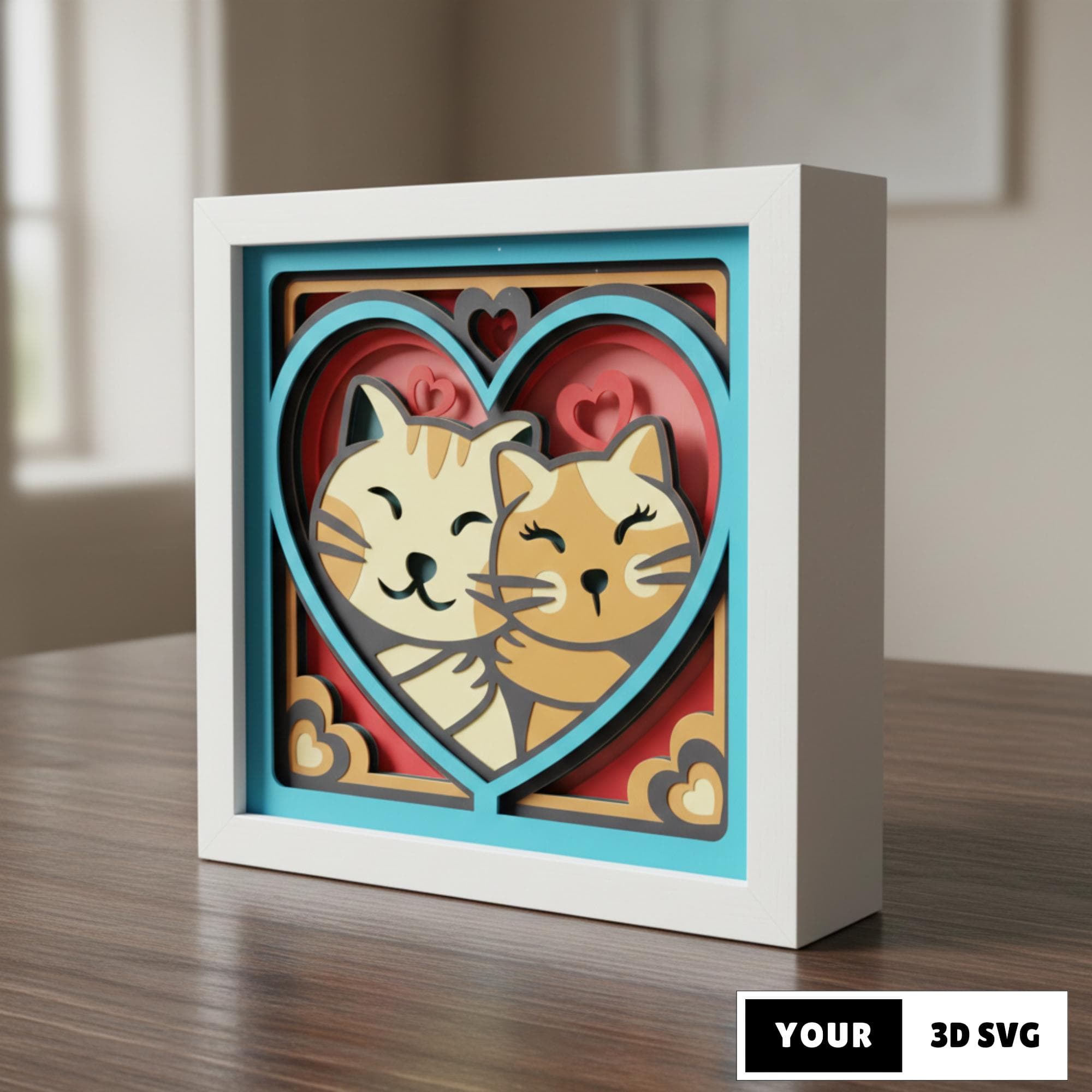 Cat Love Heart Shadow Box SVG, 3D Layered Cute Cats Papercut, Valentine Shadow Box Design, Cricut Silhouette Lightbox
Cat Love Heart Shadow Box SVG 3D layered papercut design showing two cute cats hugging inside a heart shape. Digital shadow box template for Cricut and Silhouette cutting machines, ideal for Valentine gifts, romantic paper craft decor, cat lover wall art, DIY shadow box projects, and LED lightbox displays.