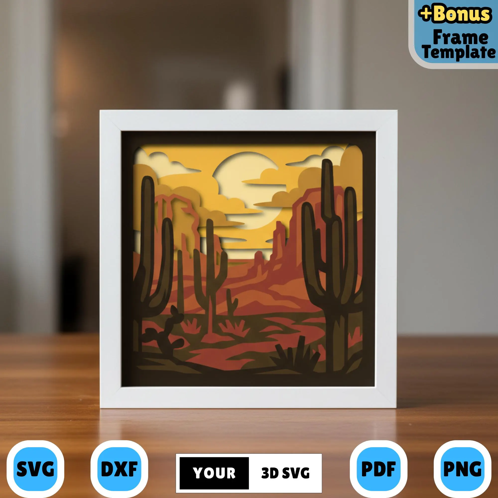 3D Desert Canyon Shadow Box SVG, Layered Southwest Landscape Papercut, Mountain And Cactus Cricut File, Nature Lightbox Decor
