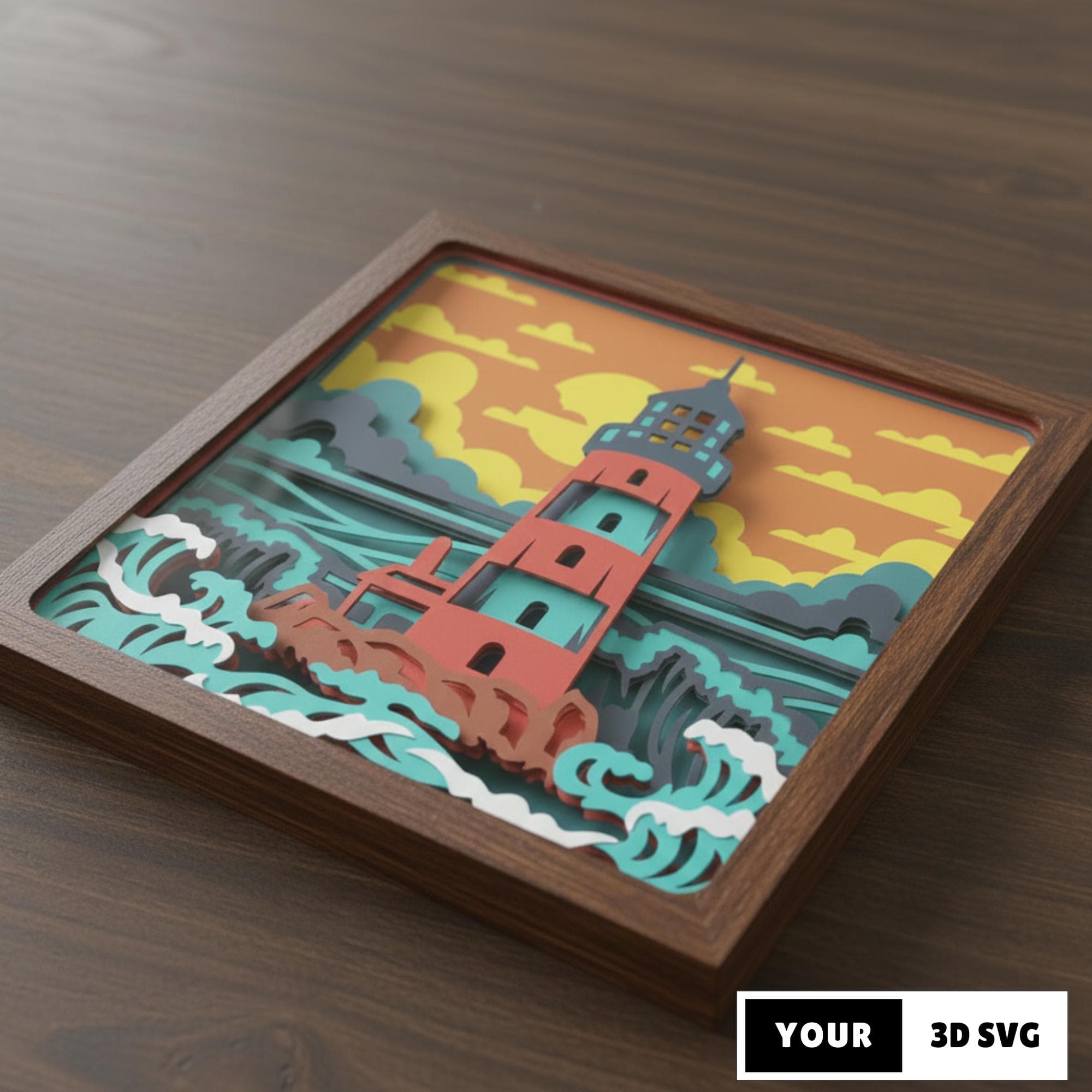Coastal Lighthouse 3D Shadow Box SVG, Paper Cut Nautical Ocean Scene, Layered Artwork Beach Home Decor, DIY 3D Ocean Light Box Design
Layered 3D lighthouse shadow box showing a tall coastal lighthouse surrounded by ocean waves and cliffs under a colorful sky. The paper cut design creates depth with stacked layers, giving a nautical and seaside atmosphere. Ideal for coastal decor, beach house wall art, and ocean themed home decoration.