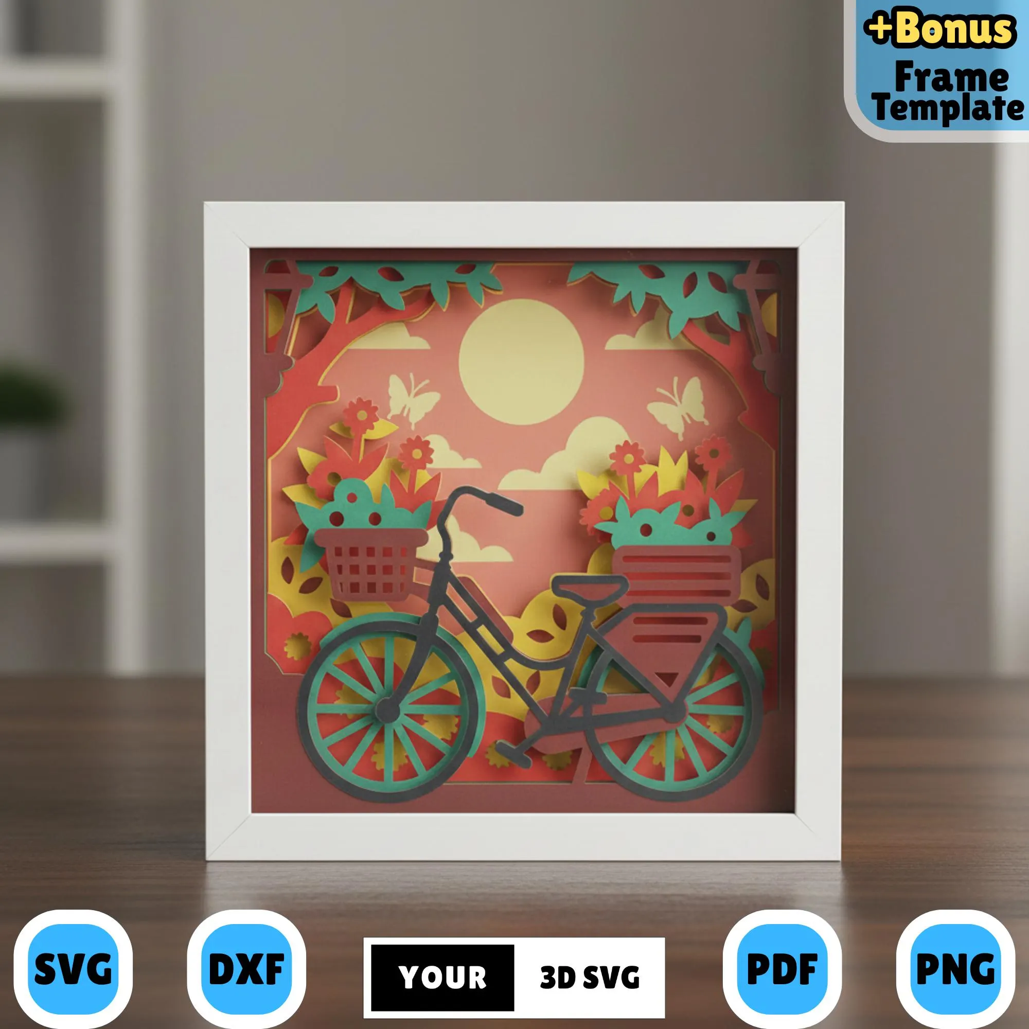 Floral Spring Bicycle Shadow Box SVG 3D, Layered Paper Cut Spring Garden Ride Design for Cricut, Nature Lightbox Design for Home Decor Craft