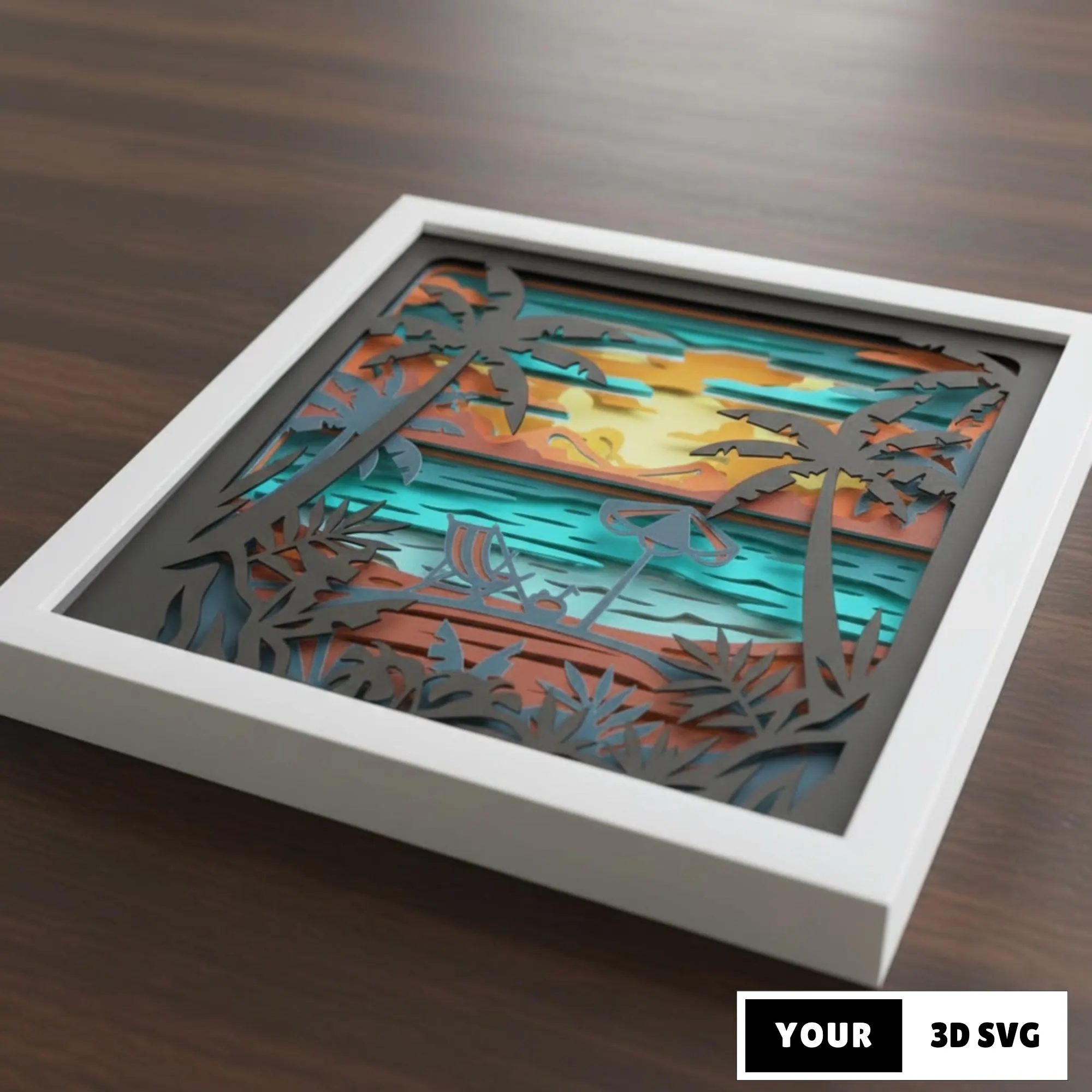Tropical Beach Sunset Shadow Box SVG, Seaside Vacation Layered Paper Cut Lightbox, Coastal Palm Tree Wall Art 3D Design
Tropical beach sunset 3D shadow box SVG featuring palm trees, ocean waves, lounge chair, and umbrella at sunset. Layered paper cut lightbox design for Cricut and Silhouette, perfect for coastal wall decor, beach house decoration, summer art, vacation themed rooms, and handmade papercraft gifts.