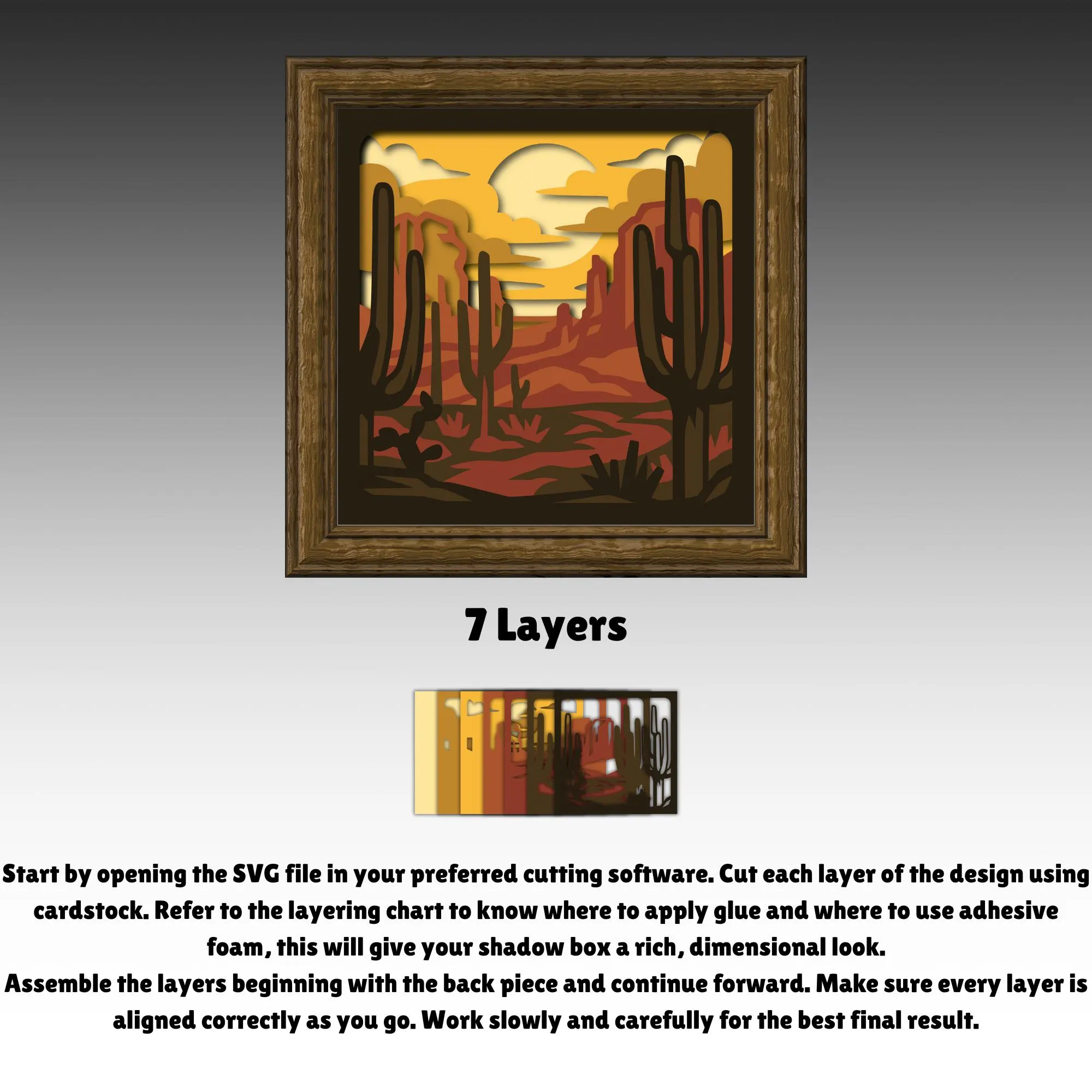 3D Desert Canyon Shadow Box SVG, Layered Southwest Landscape Papercut, Mountain And Cactus Cricut File, Nature Lightbox Decor
3D layered desert canyon shadow box papercut with tall saguaro cacti, rocky cliffs and sunset clouds in warm southwest landscape style for Cricut and Silhouette lightbox decor.