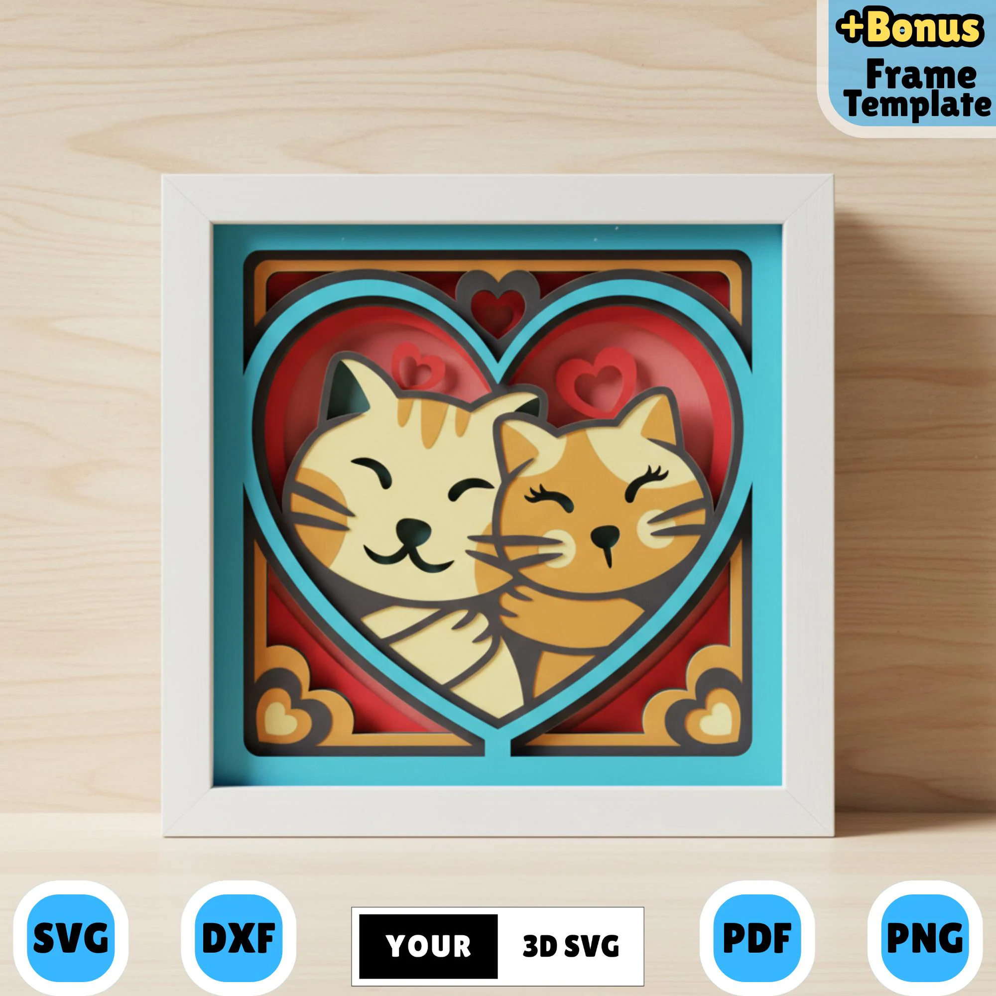 Cat Love Heart Shadow Box SVG, 3D Layered Cute Cats Papercut, Valentine Shadow Box Design, Cricut Silhouette Lightbox