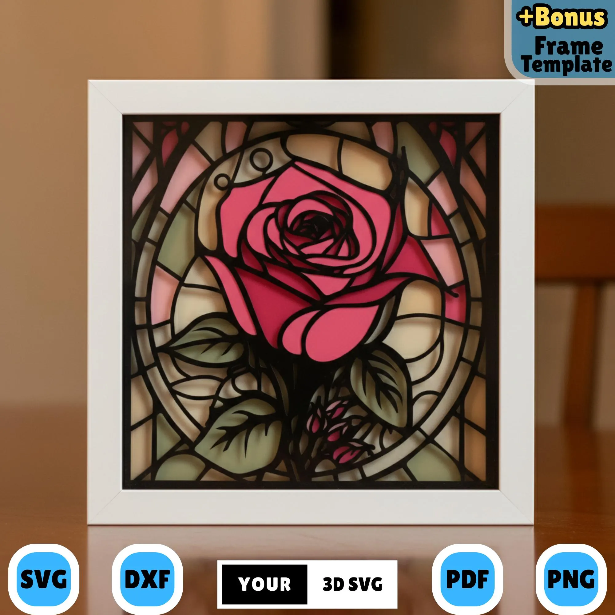 Rose Flower Stained Glass Shadow Box 3D SVG, Layered Paper Cut Romantic Floral Design for Cricut, Lightbox Craft Decor, 3D Flower DIY Art