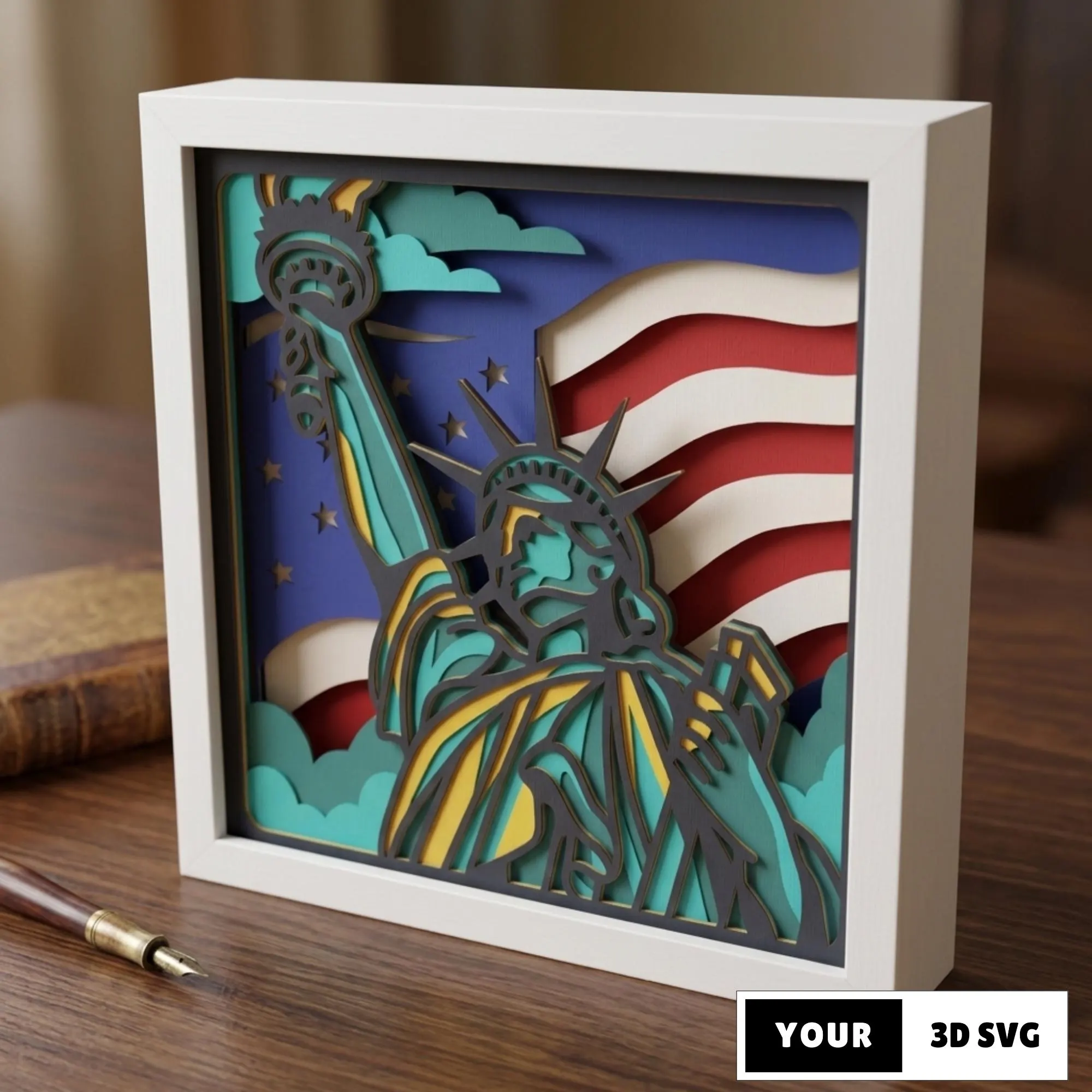 Statue of Liberty Shadow Box SVG Patriotic USA Layered Paper Cut Lightbox American Flag 3D SVG New York Wall Decor Gift Design
Statue of Liberty shadow box SVG featuring a bold patriotic design with the iconic Liberty statue and American flag background. This layered paper cut file creates a stunning 3D effect, perfect for lightbox projects, Independence Day decorations, patriotic wall art, and USA themed gifts. Ideal for Cricut and Silhouette users.