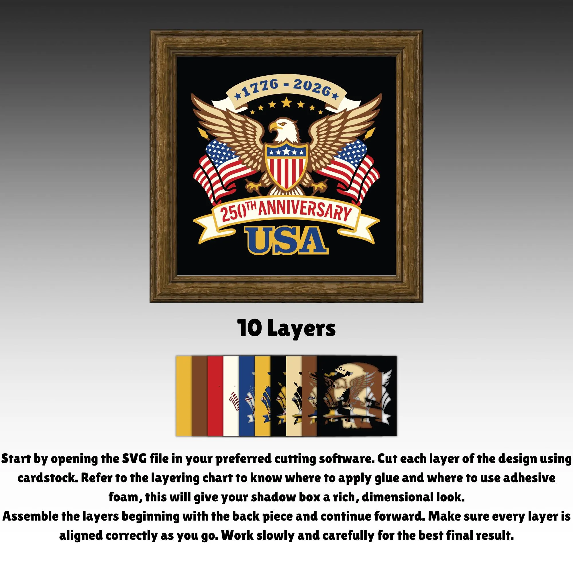 3D USA 250th Anniversary Shadow Box SVG, American Eagle Layered Papercut, Semiquincentennial Lightbox Template, Cricut Silhouette Patriotic
A patriotic 3D layered papercut design celebrating the USA 250th Anniversary (1776-2026). Features a majestic bald eagle with outspread wings, American flags, stars, and a shield. The design is presented in classic red, white, and blue tones, perfect for a commemorative light box.