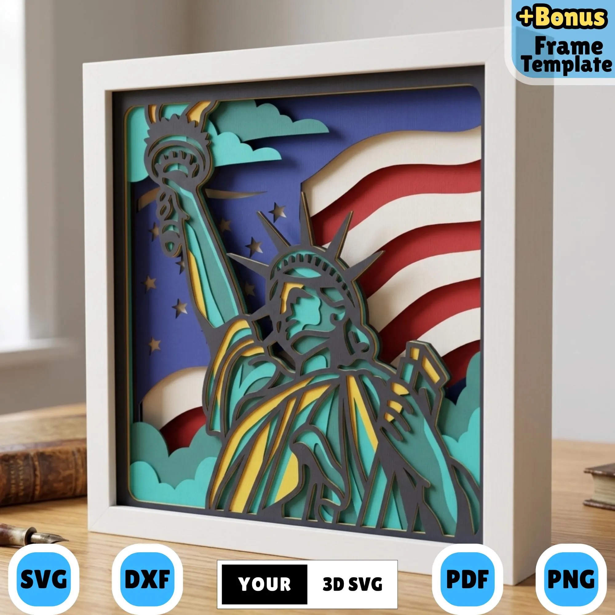 3D Statue of Liberty Shadow Box SVG, Patriotic USA Layered Paper Cut Lightbox, American Flag 3D SVG, New York Wall Decor Gift Design