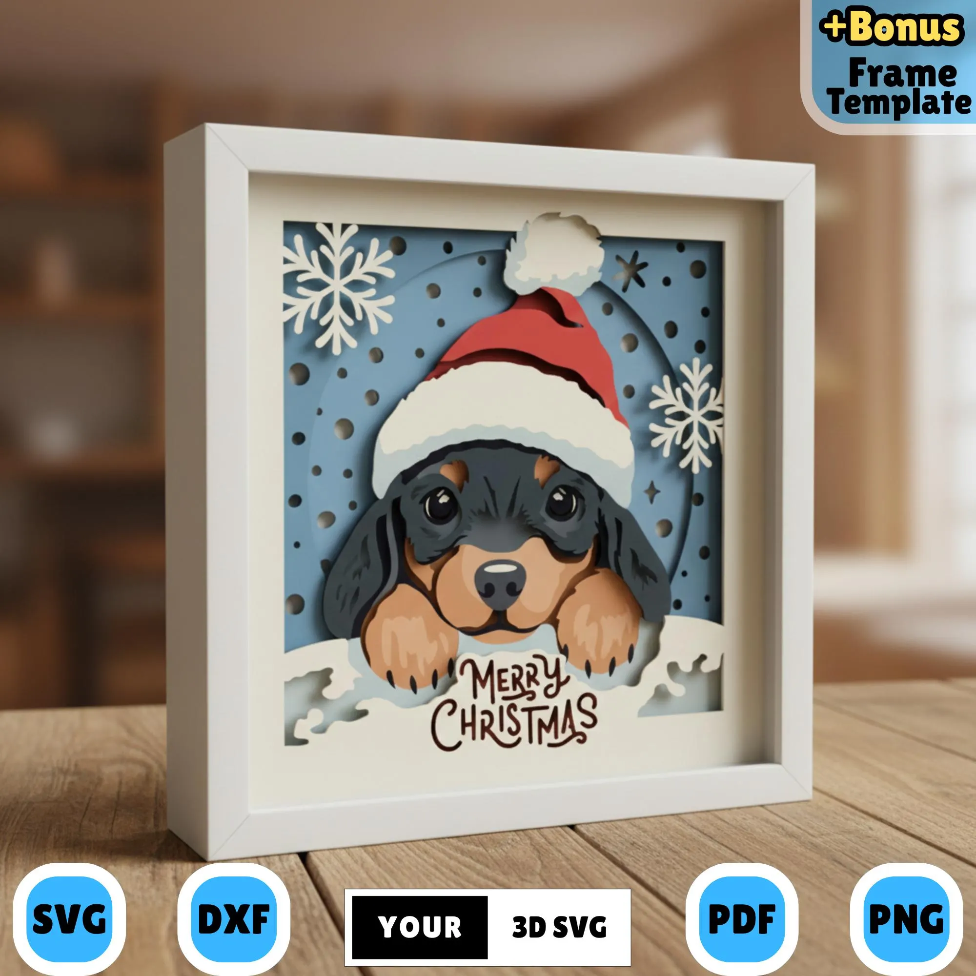 Christmas Puppy Shadow Box 3D SVG, Merry Christmas Layered Paper Cut Cute Dog, Winter Snow Scene Lightbox Design, 3D Xmas DIY Paper Craft