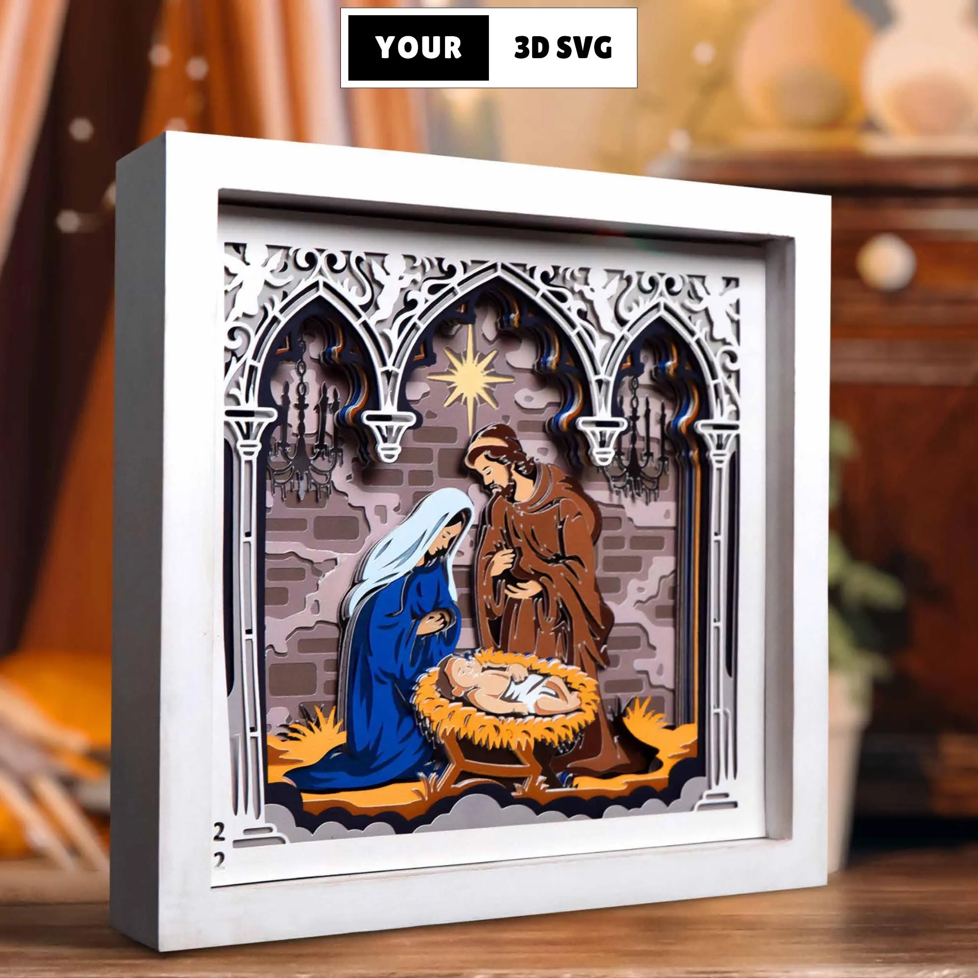 Nativity Christmas 3D Shadow Box SVG, Layered Papercut Holiday Decor, Religious PaperCraft, Holy Family Lightbox, Peaceful Seasonal DIY Gift
A layered Nativity shadow box showing a peaceful scene of the Holy Family in a stylized paper-cut design. The figures stand under ornate arches with brick walls, chandeliers, and a bright star above. Multiple paper layers create depth, giving the artwork a warm Christmas atmosphere suitable for lightbox displays.