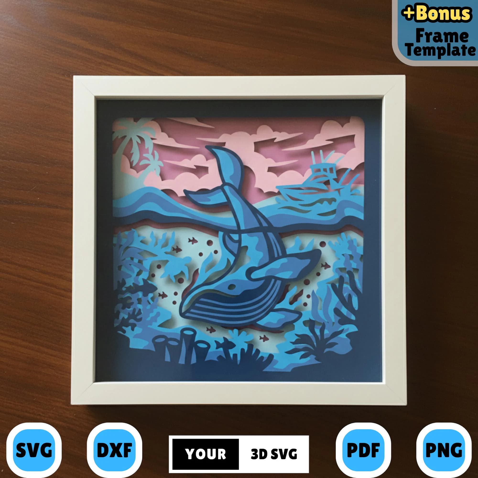 Ocean Whale Shadow Box 3D SVG, Layered Paper Cut Underwater Sea Life Scene for Cricut, Lightbox Craft Decor Art, DIY Sea Creatures Projects