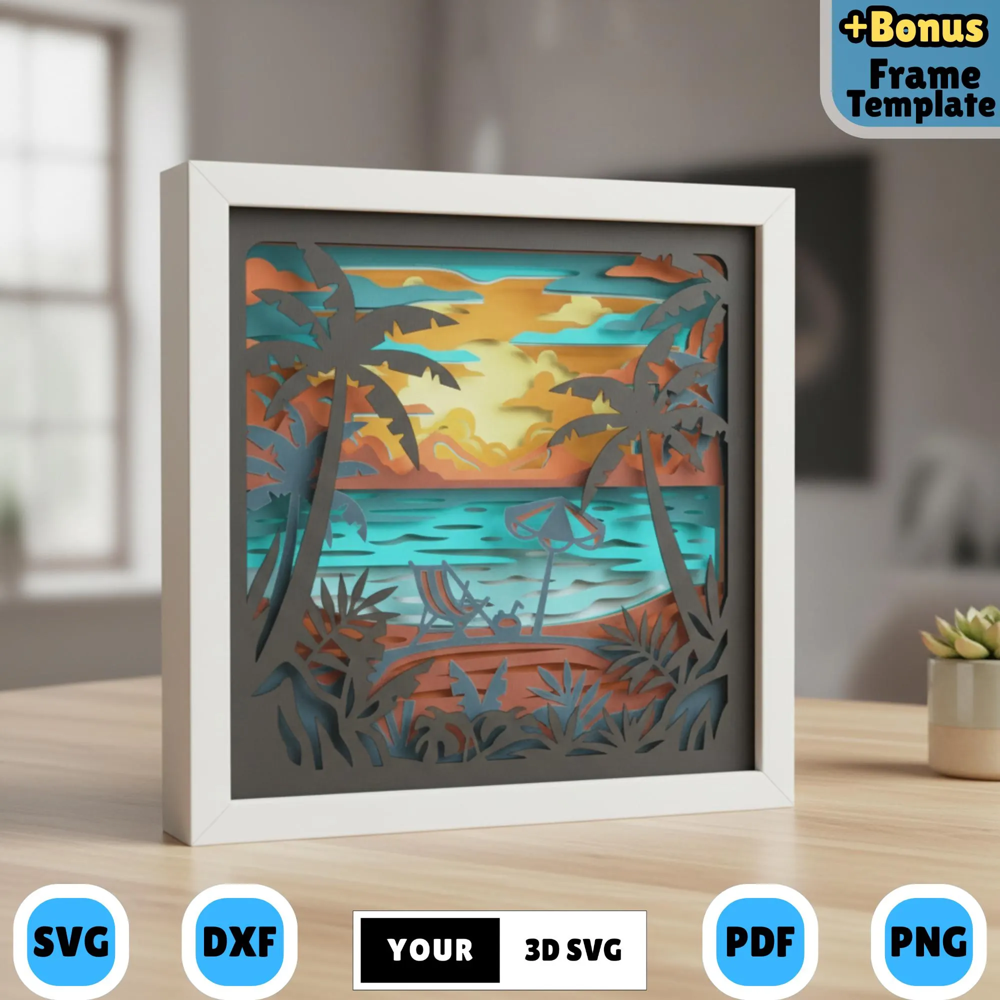 Tropical Beach Sunset Shadow Box SVG, Seaside Vacation Layered Paper Cut Lightbox, Coastal Palm Tree Wall Art 3D Design