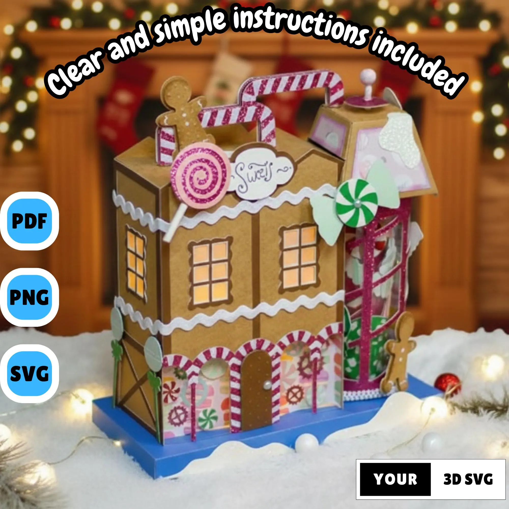 3D Christmas Candy Shop SVG, 3D Paper Cut Gingerbread House Template, Christmas Village Papercraft SVG, Holiday Cricut Paper Files