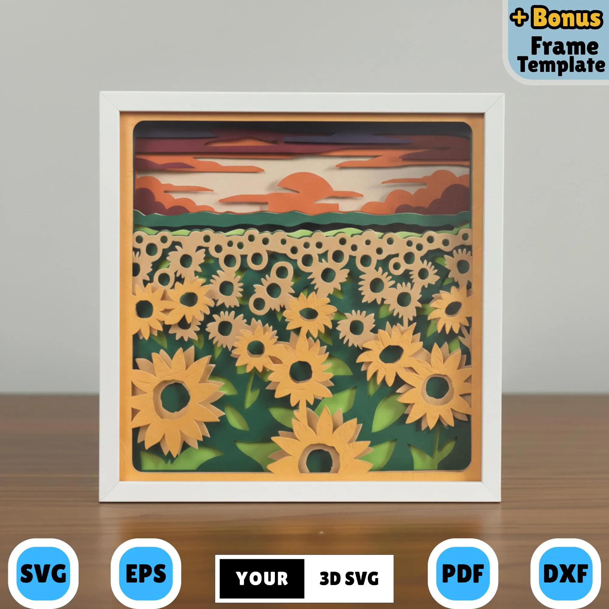 Sunflower Field Shadow Box 3D SVG, Layered Nature Paper Cut Design for Cricut, Silhouette, Lightbox Art, Summer Floral Sunset Decor Template