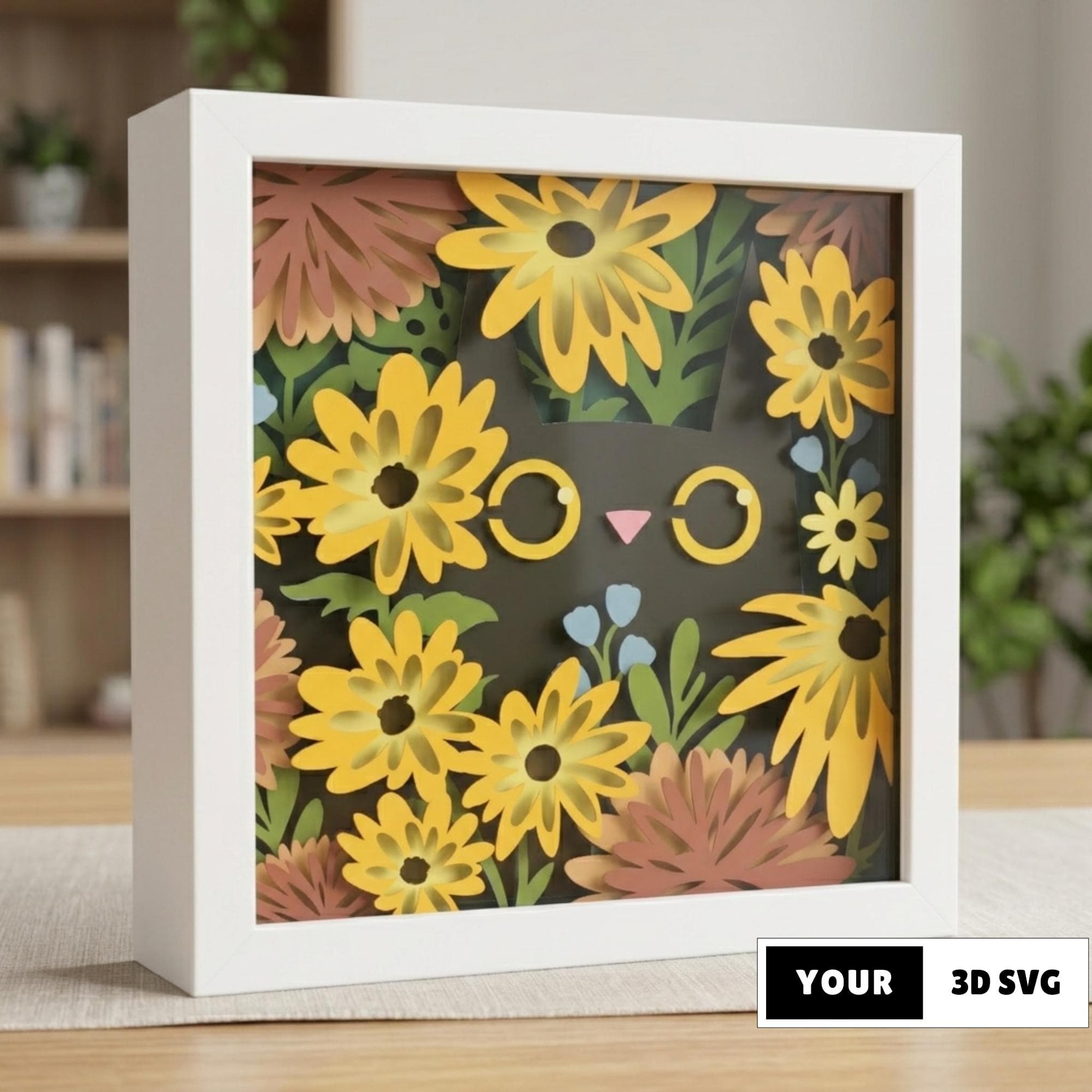 3D Black Cat Floral Shadow Box SVG, Layered Kitten Flower Garden Papercut, Cute Cat Eye Lightbox Template, Cricut Silhouette Wall Decor Art
A 3D layered papercut design of a black cat with large round yellow eyes peeking out from a dense garden of bright yellow daisies, rust-orange chrysanthemums, and green leaves. The colorful botanical scene is encased in a vibrant yellow square frame for a DIY lightbox.