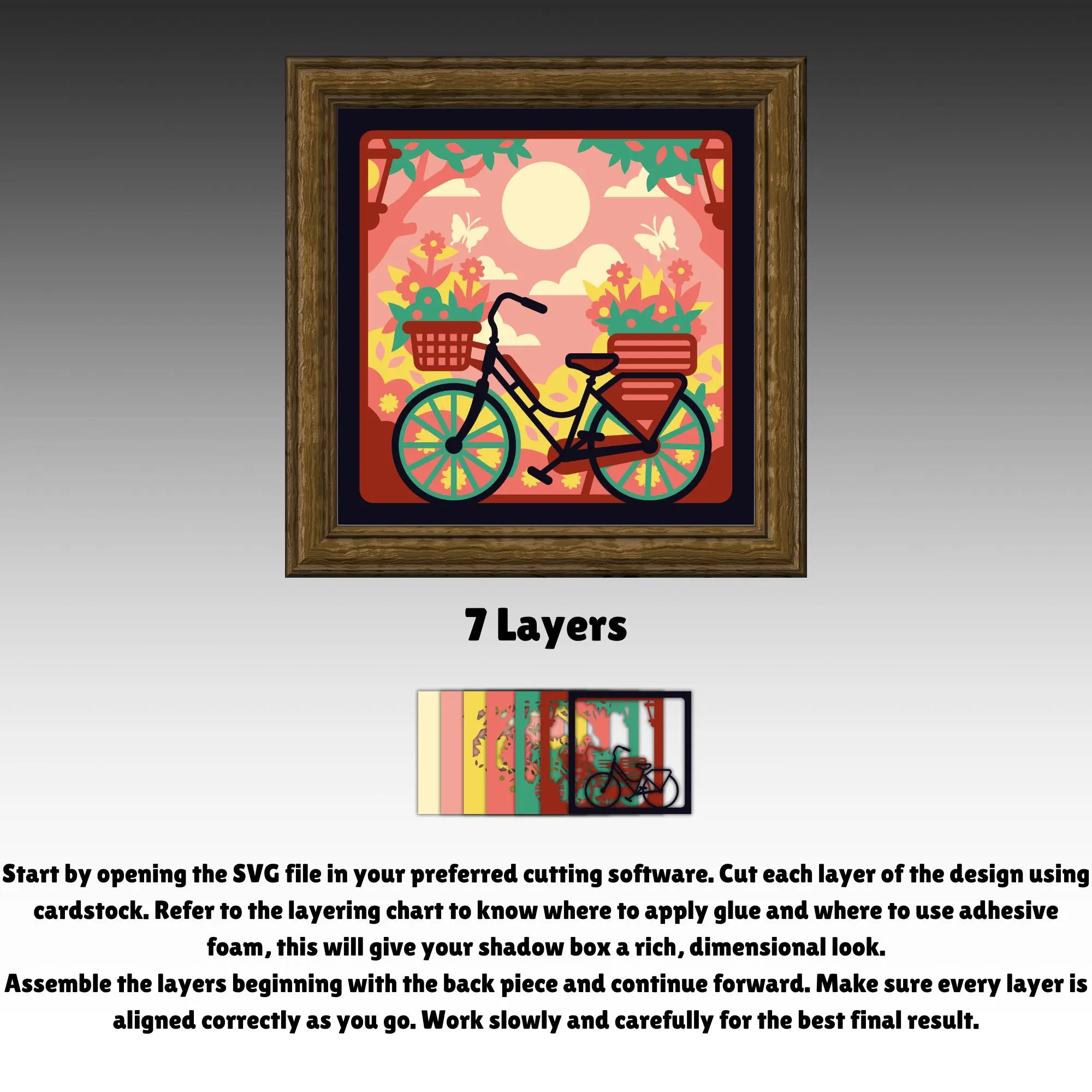 Floral Spring Bicycle Shadow Box SVG 3D, Layered Paper Cut Spring Garden Ride Design for Cricut, Nature Lightbox Design for Home Decor Craft
Floral spring bicycle shadow box SVG featuring a layered 3D paper cut design with a bicycle, flower baskets, butterflies, sun, and garden scenery. Designed for Cricut and cutting machines, ideal for lightbox decor, spring wall art, cycling lovers, and DIY layered paper craft projects.