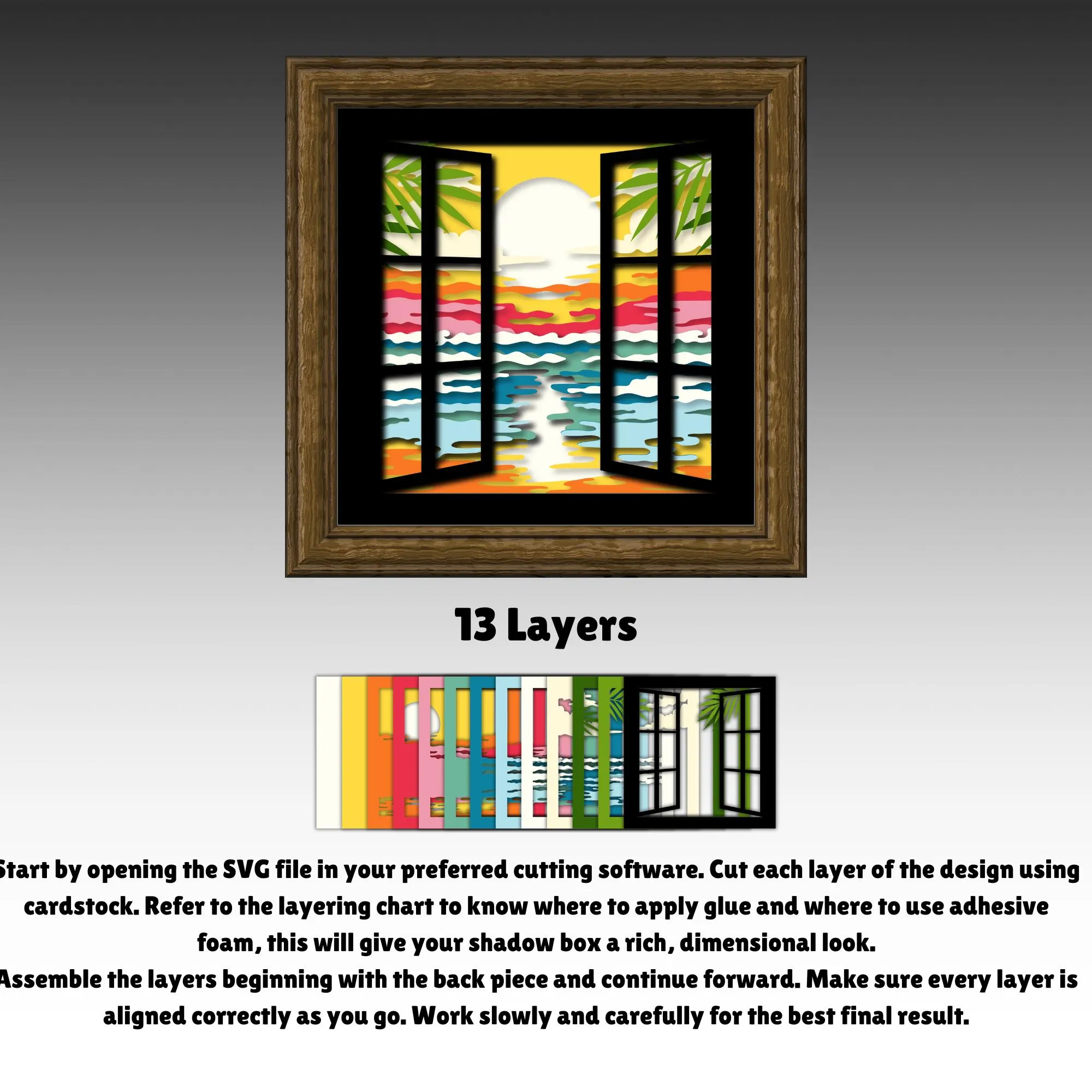 3D Beach Sunset Window Shadow Box SVG, Ocean View Layered Papercut, Tropical Sea Landscape Lightbox Template, Cricut Silhouette Decor Art
A 3D layered papercut design showcasing a vibrant tropical beach sunset viewed through an open black window frame. Features a large glowing sun over layered ocean waves in yellow, orange, pink, and blue, framed by green palm leaves and set against a solid black background.