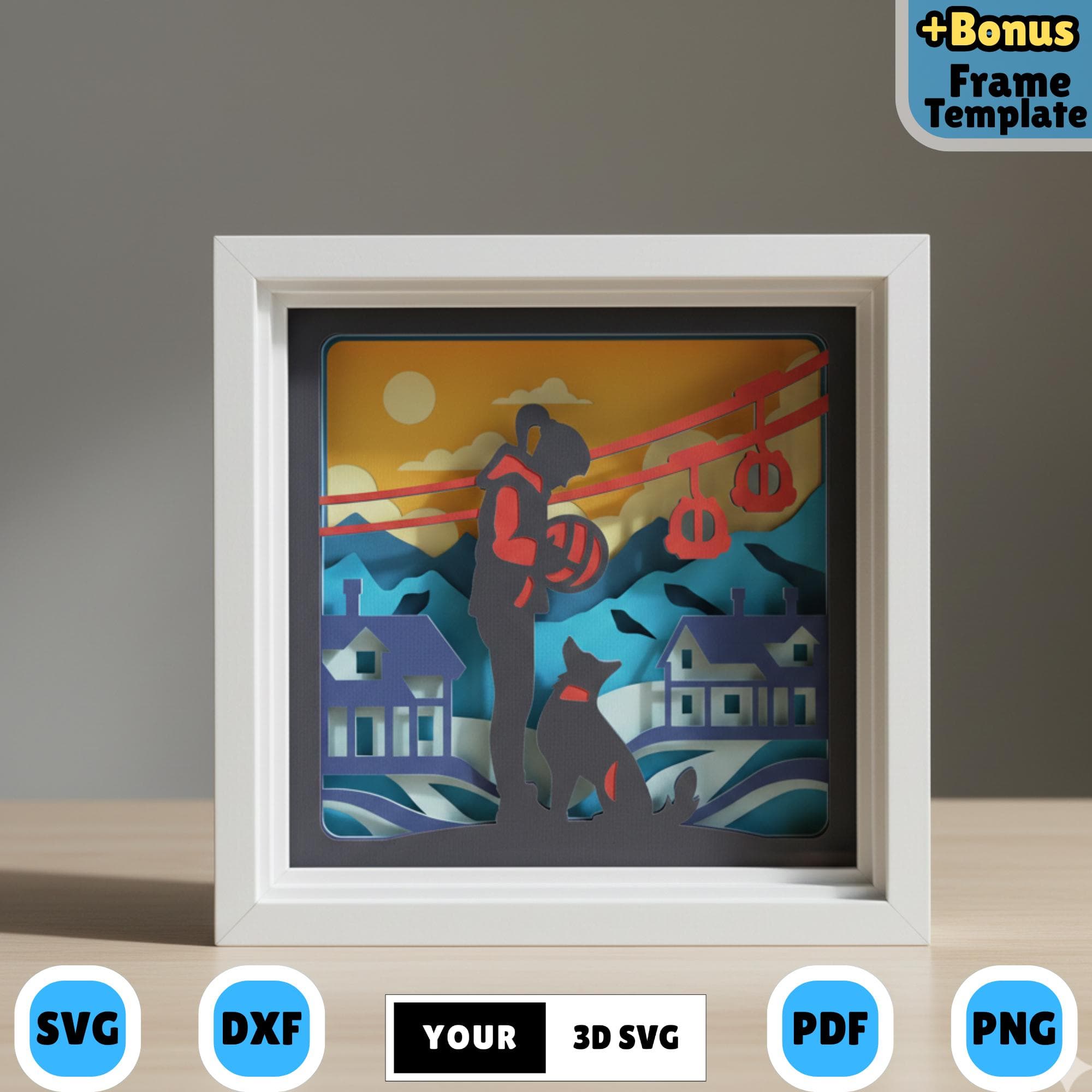 Winter Woman and Dog 3D Shadow Box SVG, Cozy Snow Scene Layered Papercraft, Mountain Cabin Lightbox Art for Winter Decor And Cricut Projects