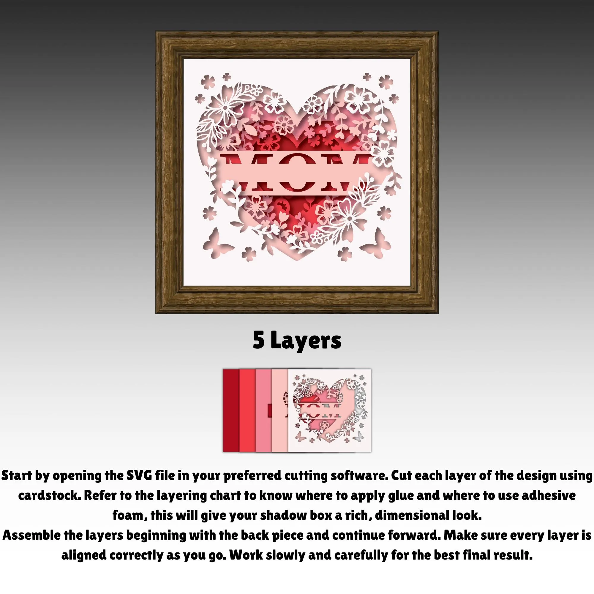 3D Customizable Mom Shadow Box SVG, Heart Floral Layered Papercut, Custom Name Mother's Day Lightbox Template, Cricut Silhouette Floral Gift
A 3D layered papercut design featuring a large heart filled with intricate floral patterns and butterflies. A central banner displays the word MOM, with space to add custom names using the included alphabet SVG. The design uses soft pink and vibrant red tones for a DIY light box.