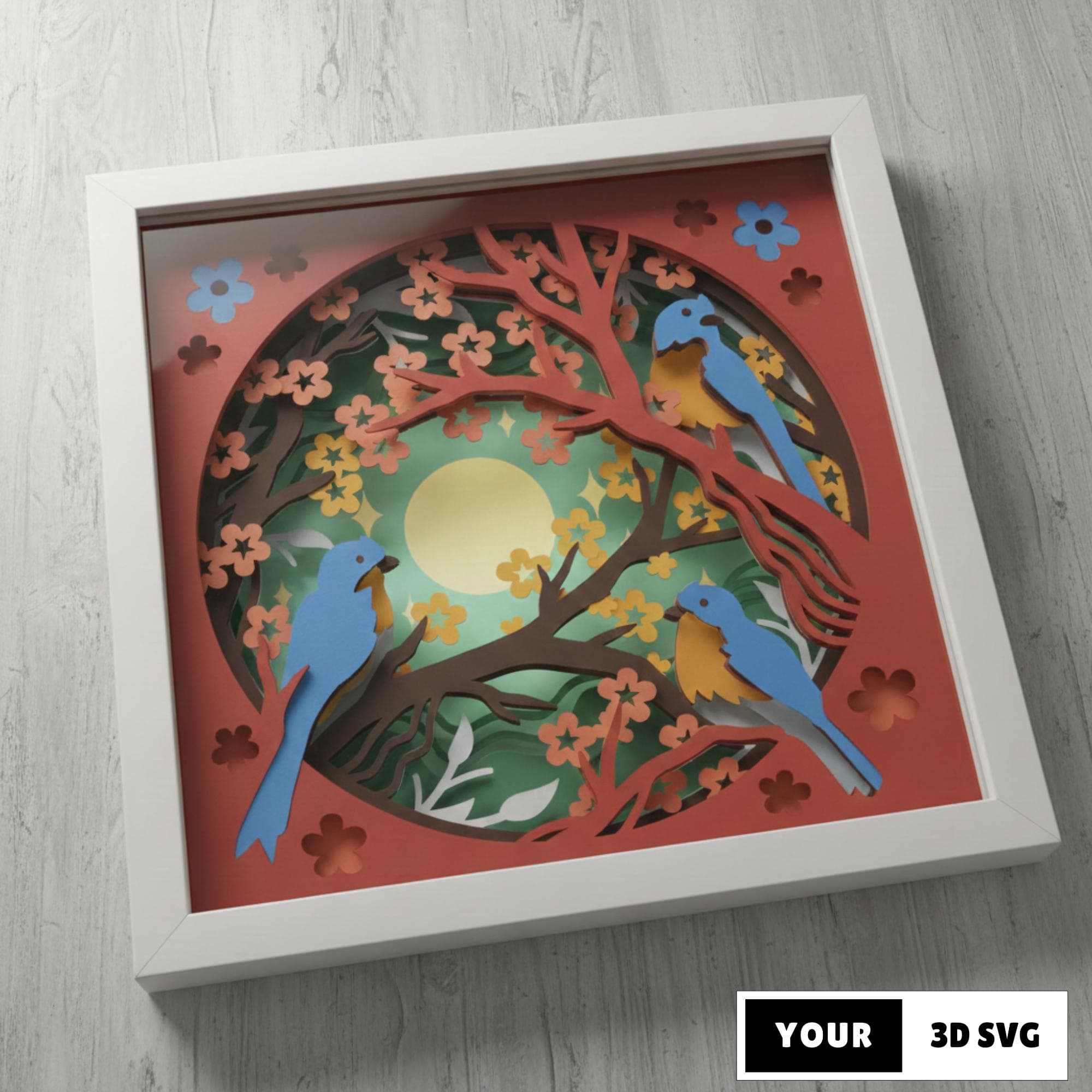 Tropical Birds 3D Shadow Box SVG, Layered Paper Cut Spring Bird Art Cricut, Light Box Template Floral Wall Decor, DIY Blossom Branches SVG
Three tropical birds 3D shadow box SVG featuring layered paper cut birds perched on flowering branches with a spring garden background. Designed for Cricut and cutting machines, perfect for floral decor, bird wall art, light boxes, nature themes, and handmade gifts.
