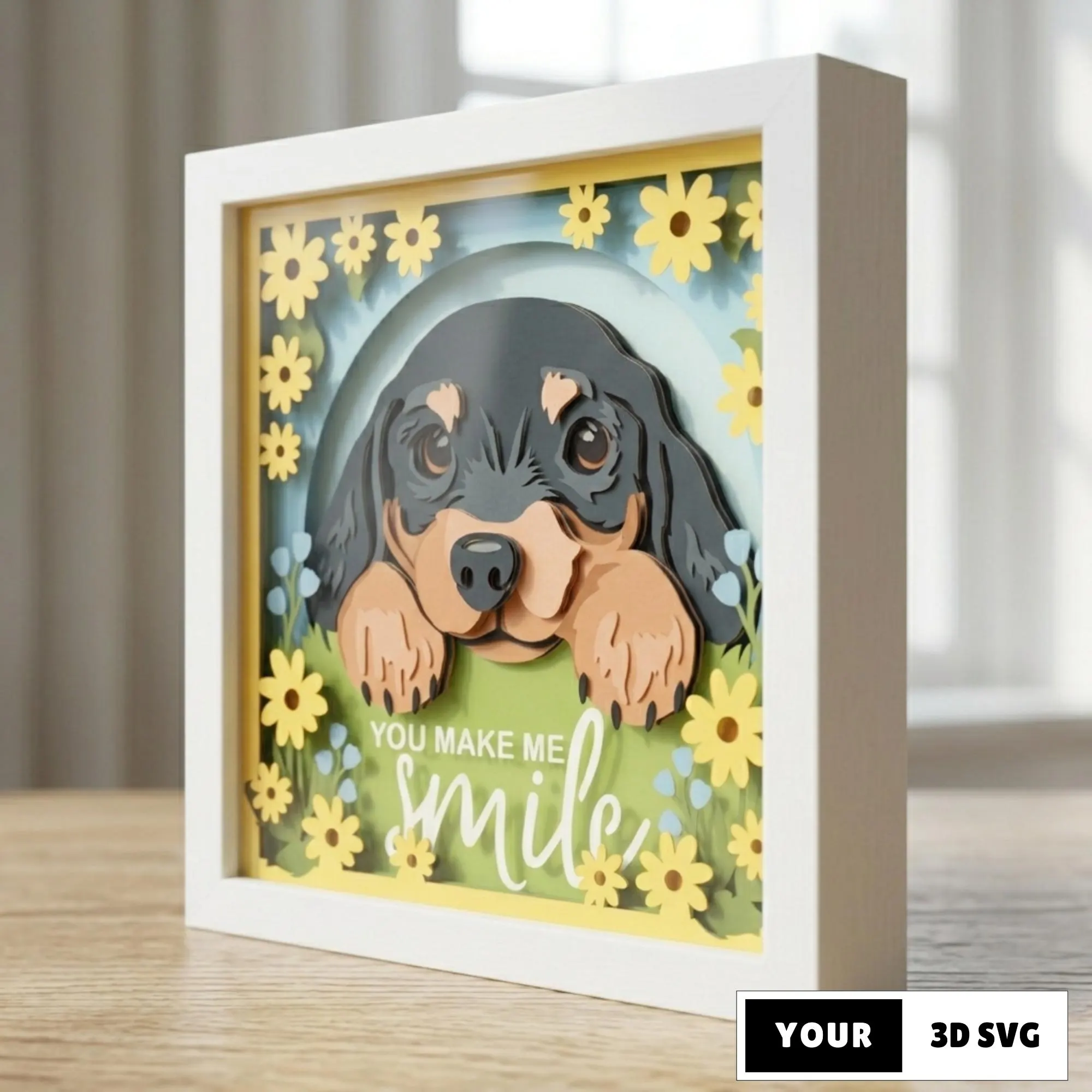 3D Spring Puppy Shadow Box SVG, Dachshund Dog Layered Papercut, You Make Me Smile Wall Art, Silhouette Lightbox SVG Cutting Template File
3D layered paper cut shadow box featuring a cute black and tan puppy peeking out from behind green grass. The design is framed by yellow daisies and small blue flowers on a light blue background. The text "YOU MAKE ME SMILE" is written in white in the grass. Multiple vibrant layers create a deep 3D effect.