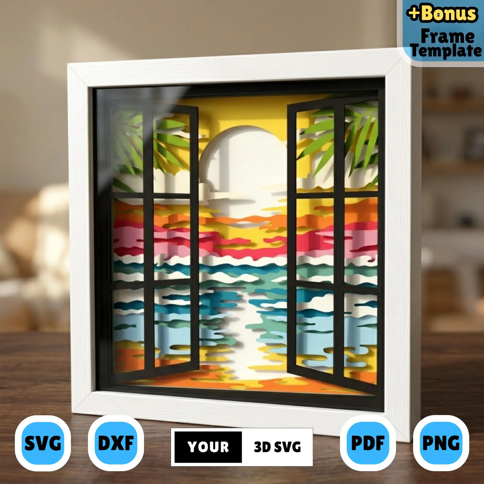 3D Beach Sunset Window Shadow Box SVG, Ocean View Layered Papercut, Tropical Sea Landscape Lightbox Template, Cricut Silhouette Decor Art