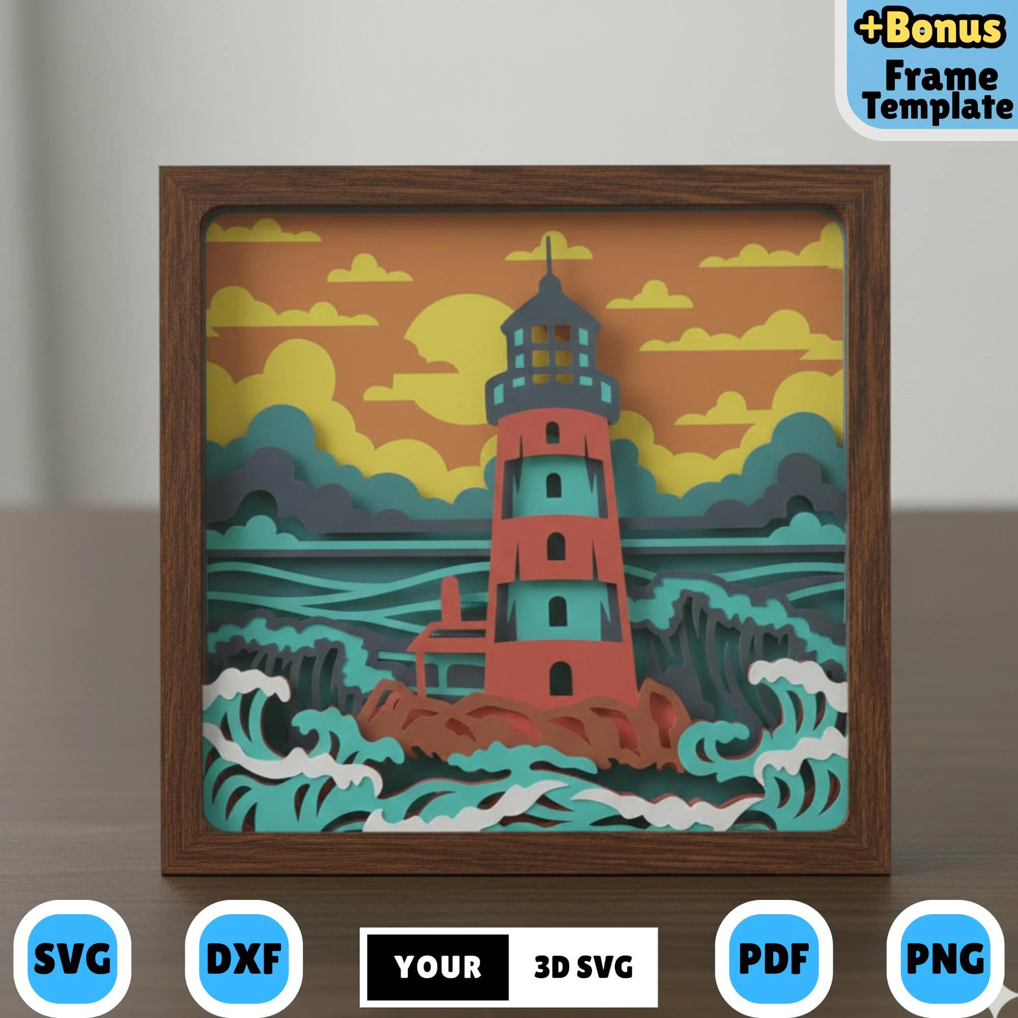 Coastal Lighthouse 3D Shadow Box SVG, Paper Cut Nautical Ocean Scene, Layered Artwork Beach Home Decor, DIY 3D Ocean Light Box Design