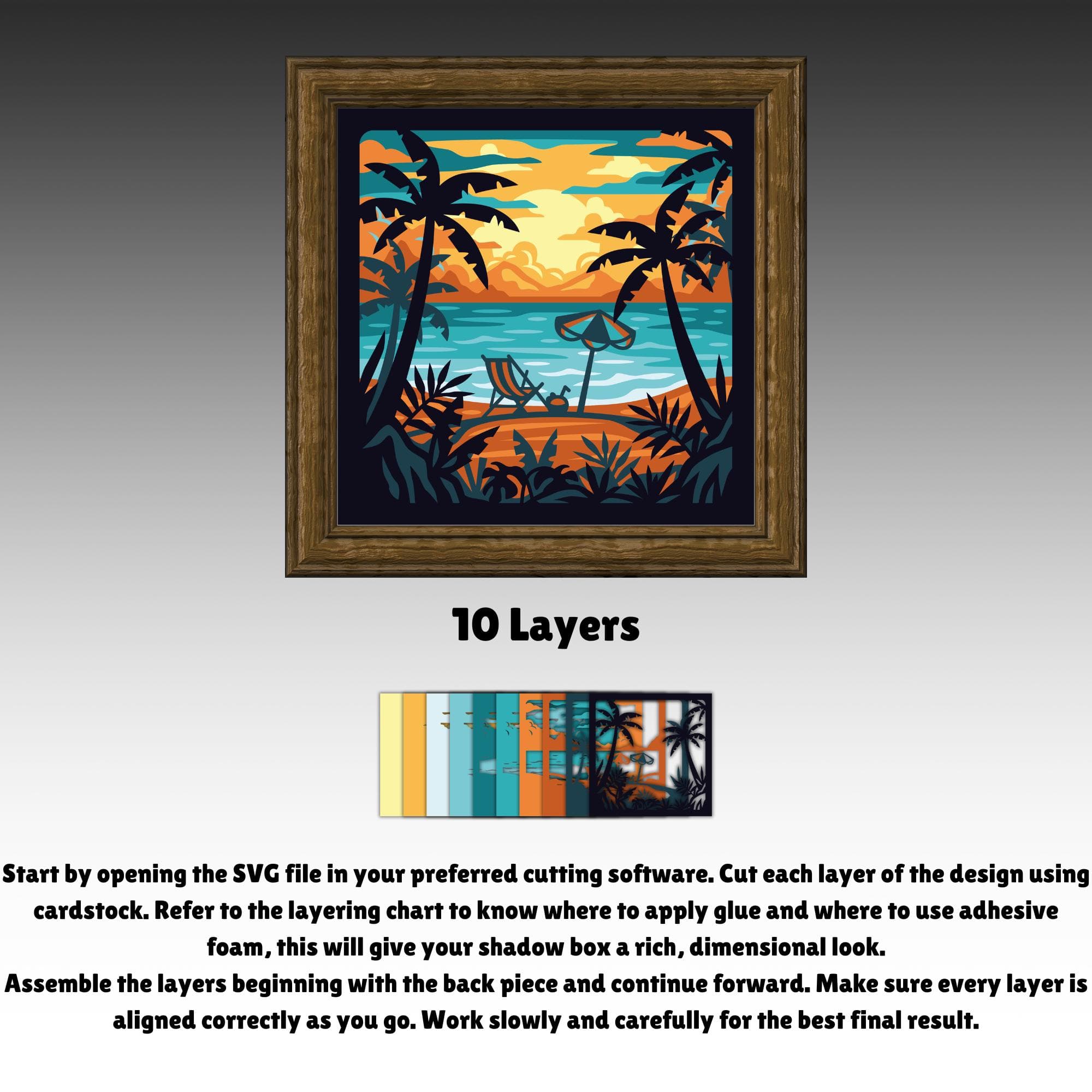 Tropical Beach Sunset Shadow Box SVG, Seaside Vacation Layered Paper Cut Lightbox, Coastal Palm Tree Wall Art 3D Design
Tropical beach sunset 3D shadow box SVG featuring palm trees, ocean waves, lounge chair, and umbrella at sunset. Layered paper cut lightbox design for Cricut and Silhouette, perfect for coastal wall decor, beach house decoration, summer art, vacation themed rooms, and handmade papercraft gifts.