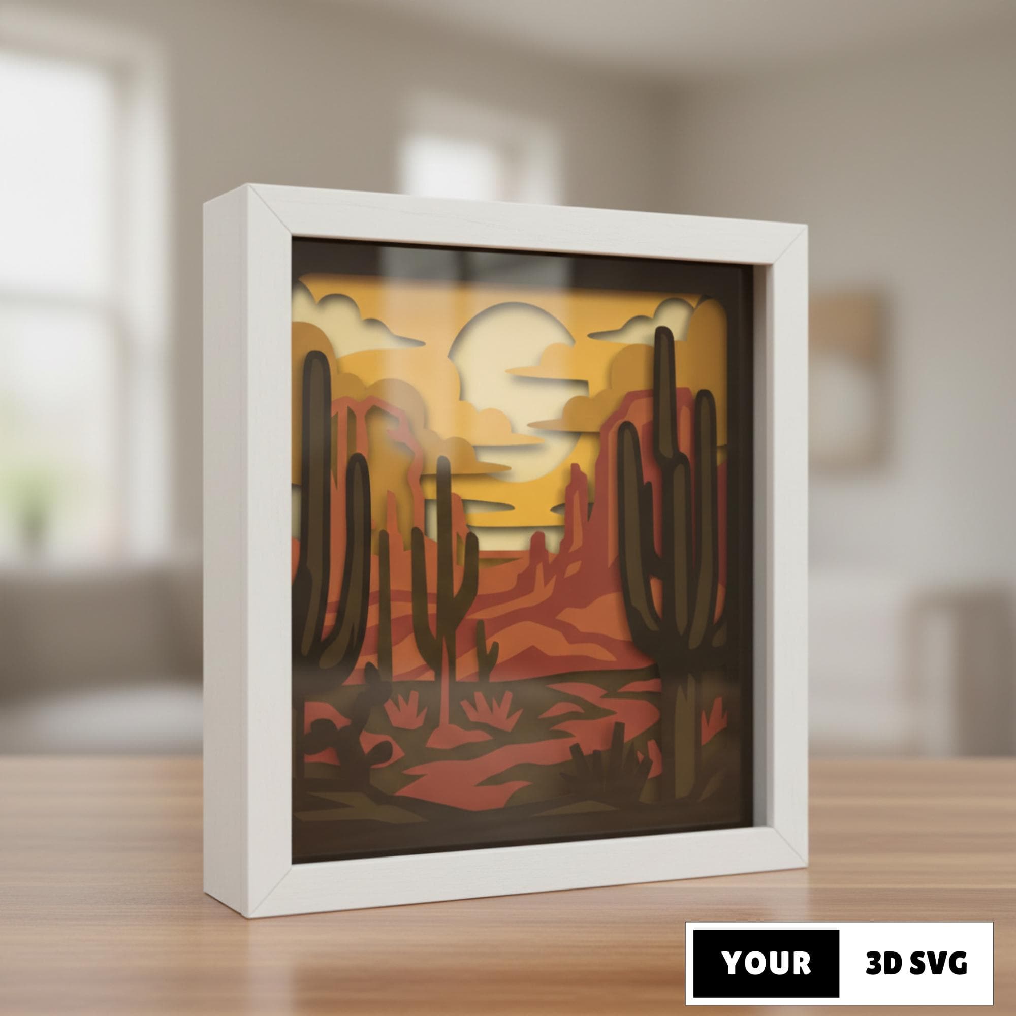 3D Desert Canyon Shadow Box SVG, Layered Southwest Landscape Papercut, Mountain And Cactus Cricut File, Nature Lightbox Decor
3D layered desert canyon shadow box papercut with tall saguaro cacti, rocky cliffs and sunset clouds in warm southwest landscape style for Cricut and Silhouette lightbox decor.