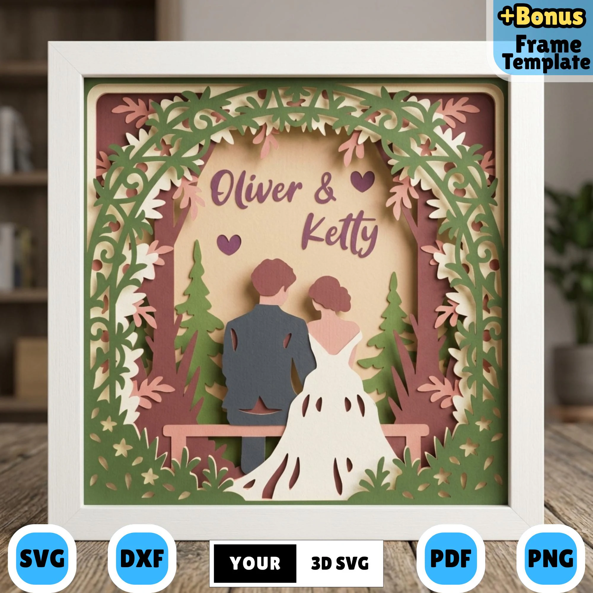 Customizable 3D Wedding Couple Shadow Box SVG, Floral Arch Anniversary Gift, Personalizable Name Papercut, Love Cricut Silhouette Light Box