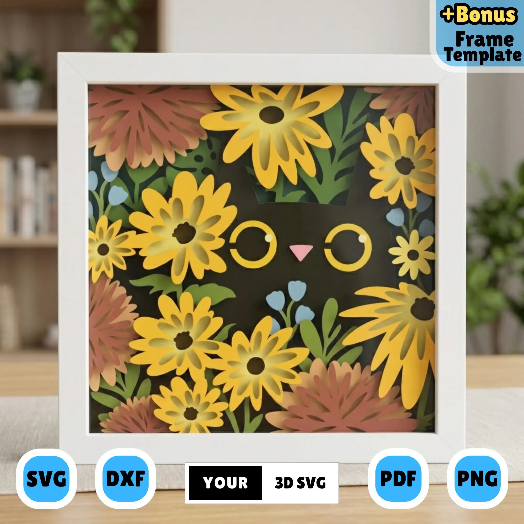 3D Black Cat Floral Shadow Box SVG, Layered Kitten Flower Garden Papercut, Cute Cat Eye Lightbox Template, Cricut Silhouette Wall Decor Art
