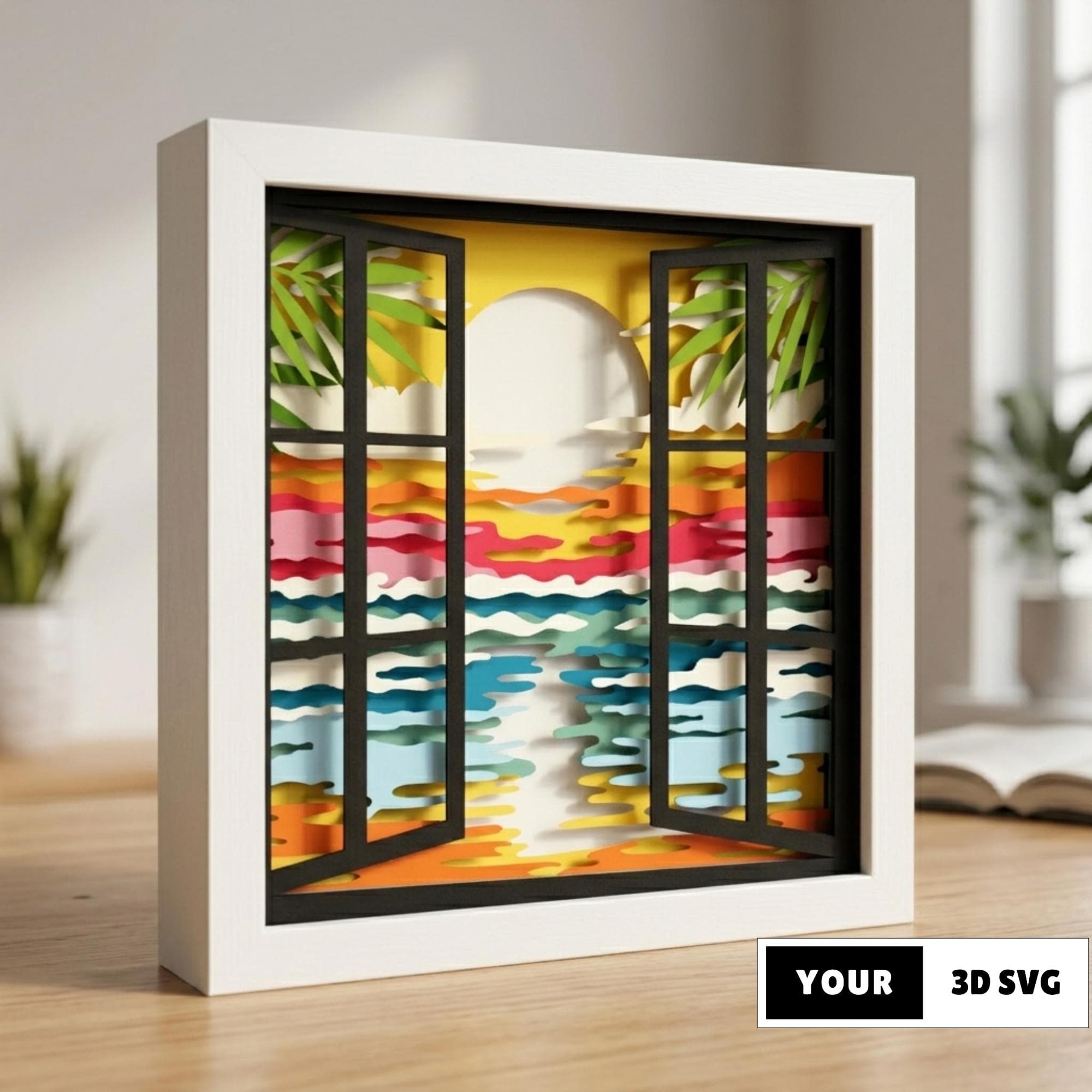 3D Beach Sunset Window Shadow Box SVG, Ocean View Layered Papercut, Tropical Sea Landscape Lightbox Template, Cricut Silhouette Decor Art
A 3D layered papercut design showcasing a vibrant tropical beach sunset viewed through an open black window frame. Features a large glowing sun over layered ocean waves in yellow, orange, pink, and blue, framed by green palm leaves and set against a solid black background.