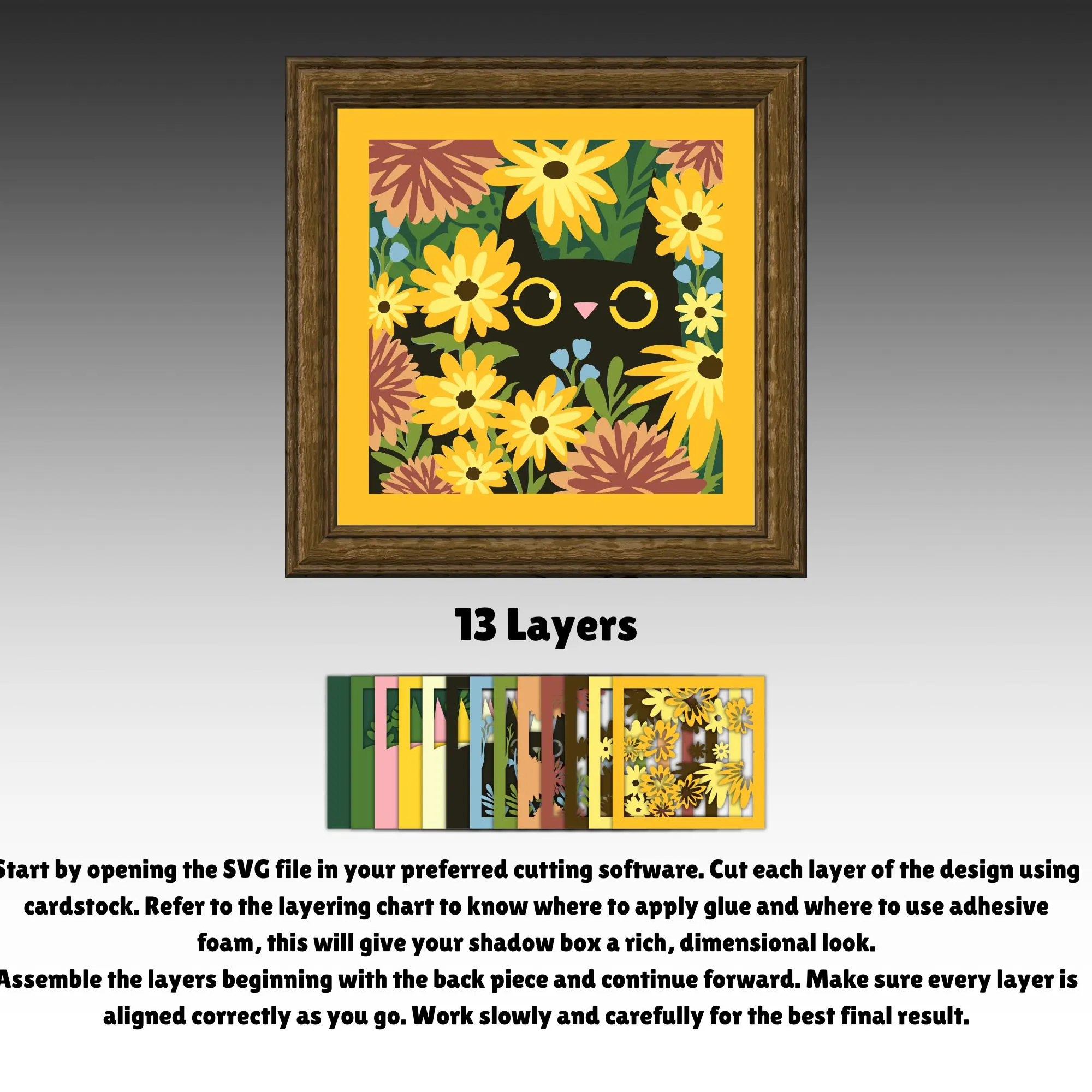 3D Black Cat Floral Shadow Box SVG, Layered Kitten Flower Garden Papercut, Cute Cat Eye Lightbox Template, Cricut Silhouette Wall Decor Art
A 3D layered papercut design of a black cat with large round yellow eyes peeking out from a dense garden of bright yellow daisies, rust-orange chrysanthemums, and green leaves. The colorful botanical scene is encased in a vibrant yellow square frame for a DIY lightbox.