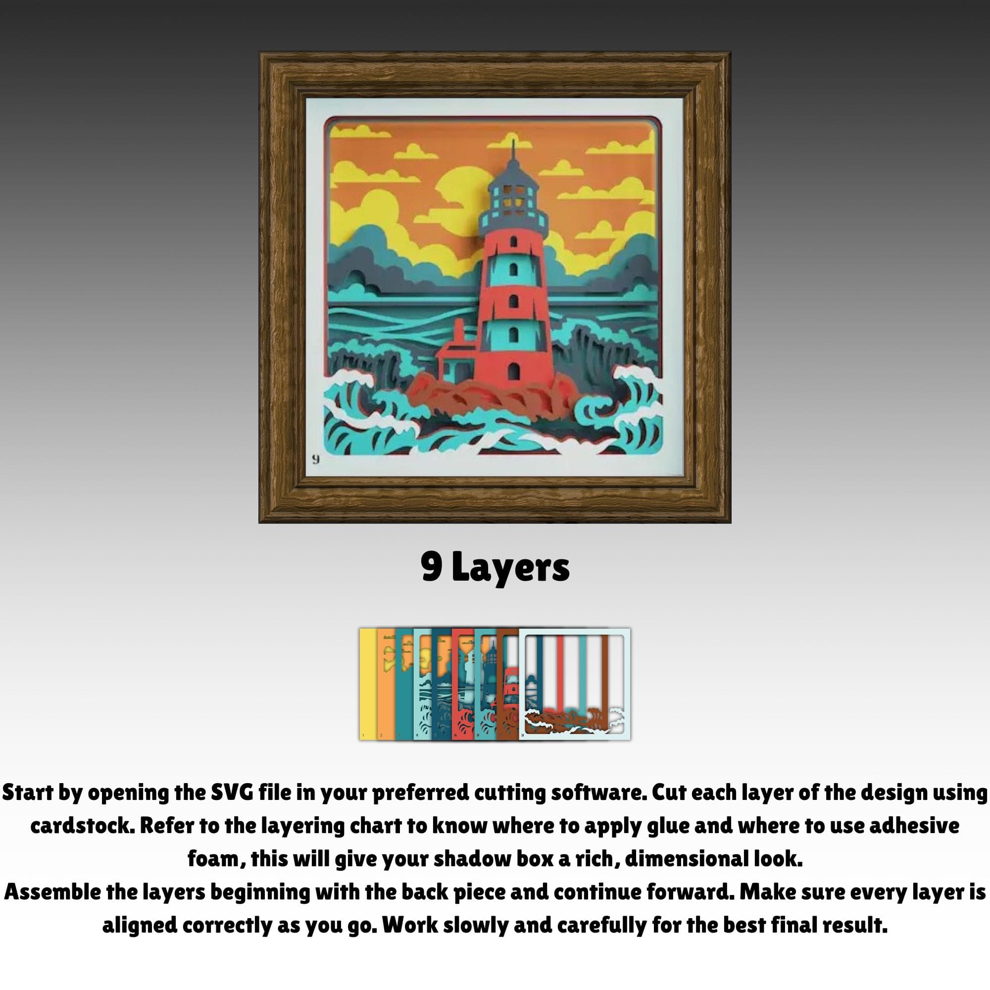 Coastal Lighthouse 3D Shadow Box SVG, Paper Cut Nautical Ocean Scene, Layered Artwork Beach Home Decor, DIY 3D Ocean Light Box Design
Layered 3D lighthouse shadow box showing a tall coastal lighthouse surrounded by ocean waves and cliffs under a colorful sky. The paper cut design creates depth with stacked layers, giving a nautical and seaside atmosphere. Ideal for coastal decor, beach house wall art, and ocean themed home decoration.